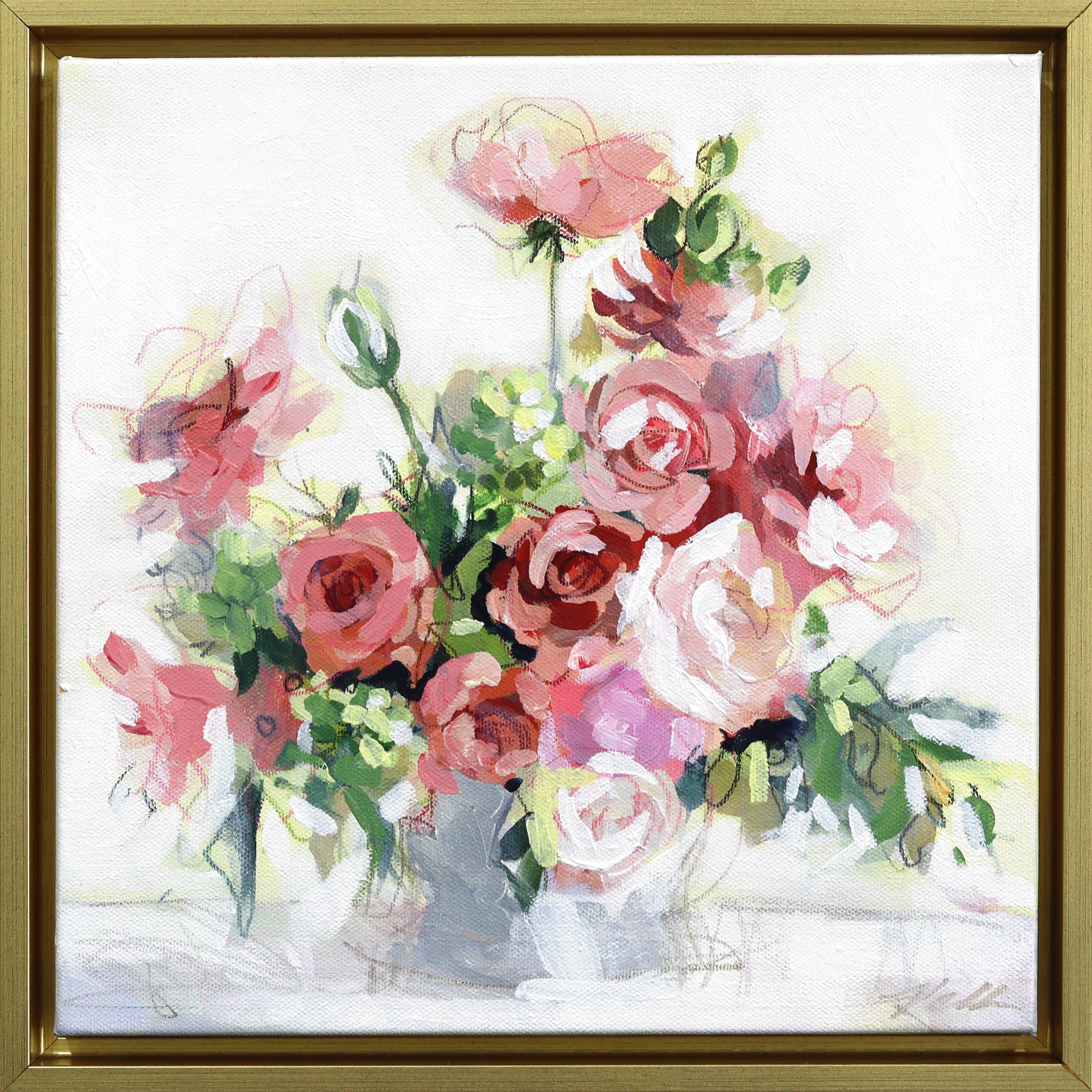 Pink Powder - Nature morte abstraite et colorée encadrée, œuvre d'art mixte sur toile