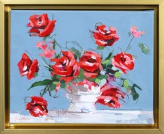 Ruby Red Kisses  - Original Framed Floral Painting on Canvas
