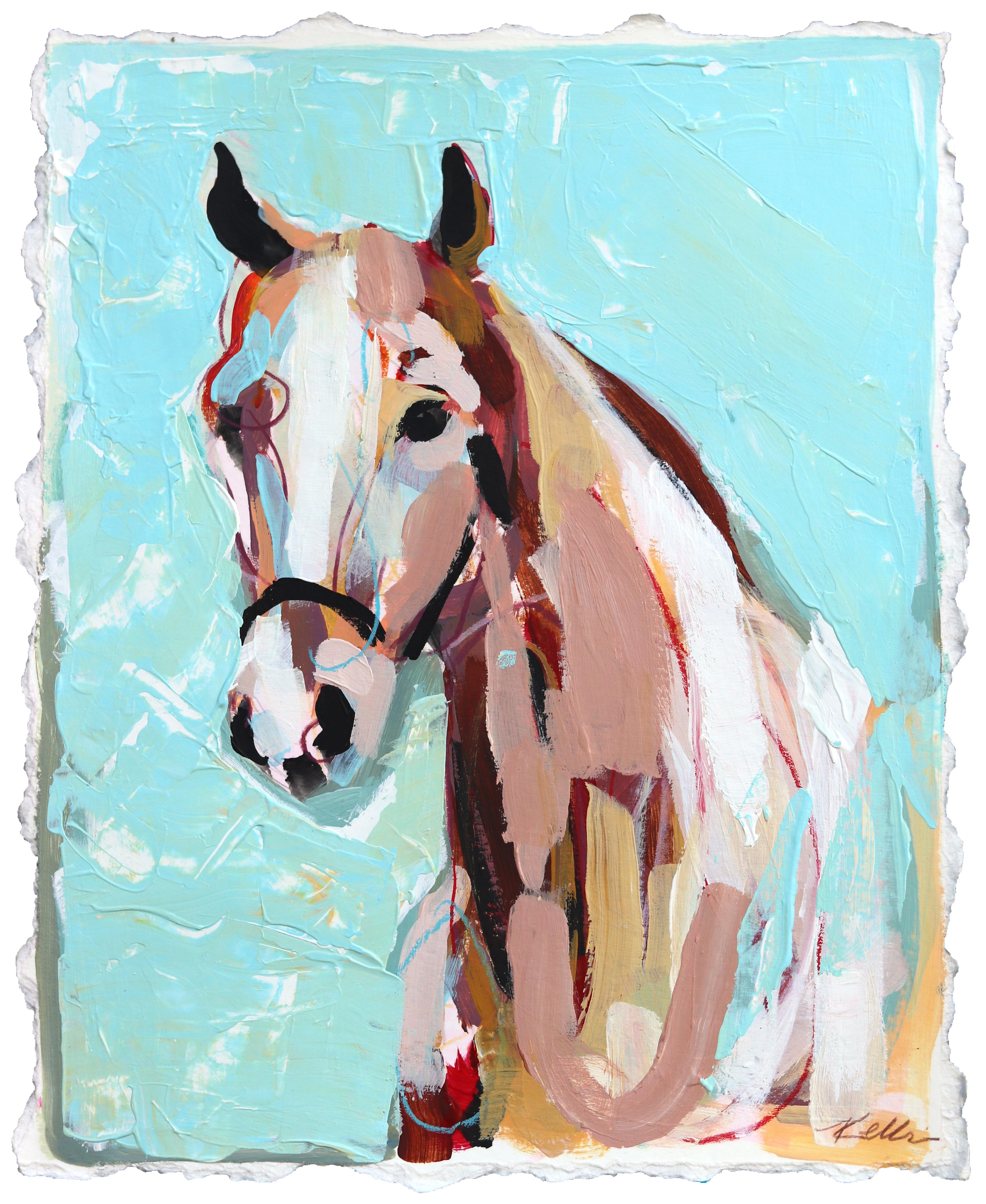 Figurative Painting de Kellie Newsome - Vaga libre -  Pintura Figurativa Abstracta Azul Caballo Animal sobre Papel
