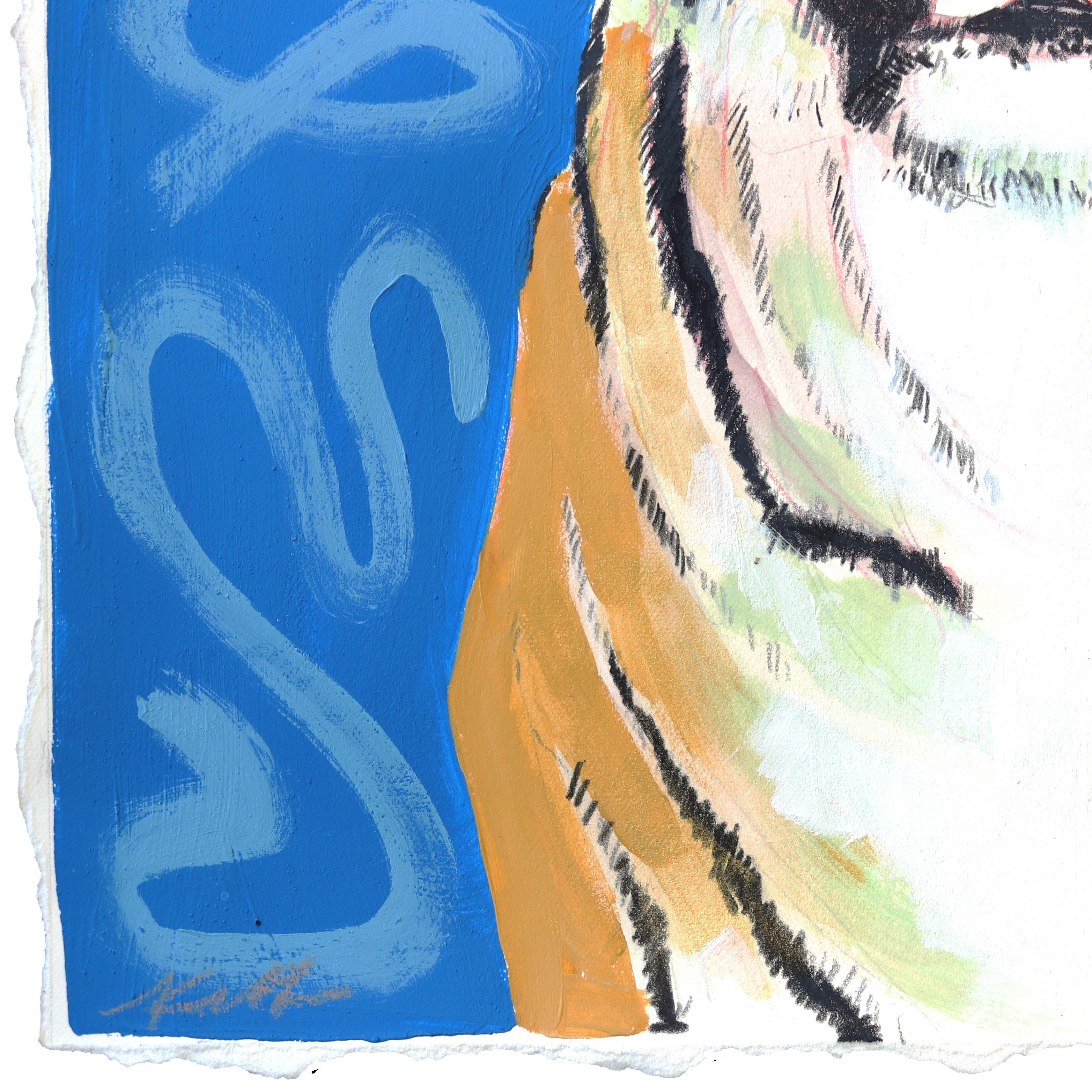 She Growls - Blue Tiger Portrait Painting on Paper - Contemporary Mixed Media Art by Kellie Newsome