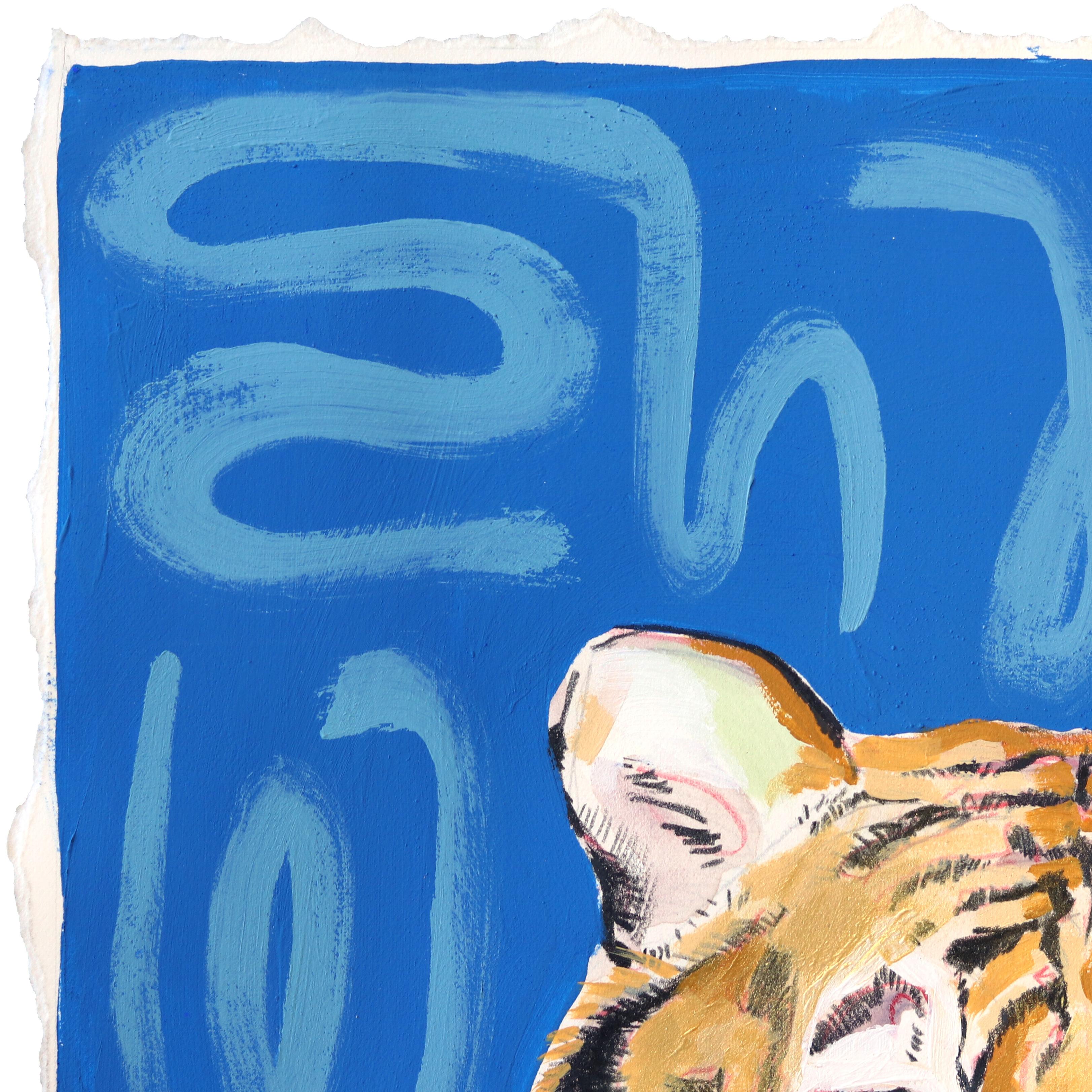She Growls - Blue Tiger Portrait Painting on Paper For Sale 1