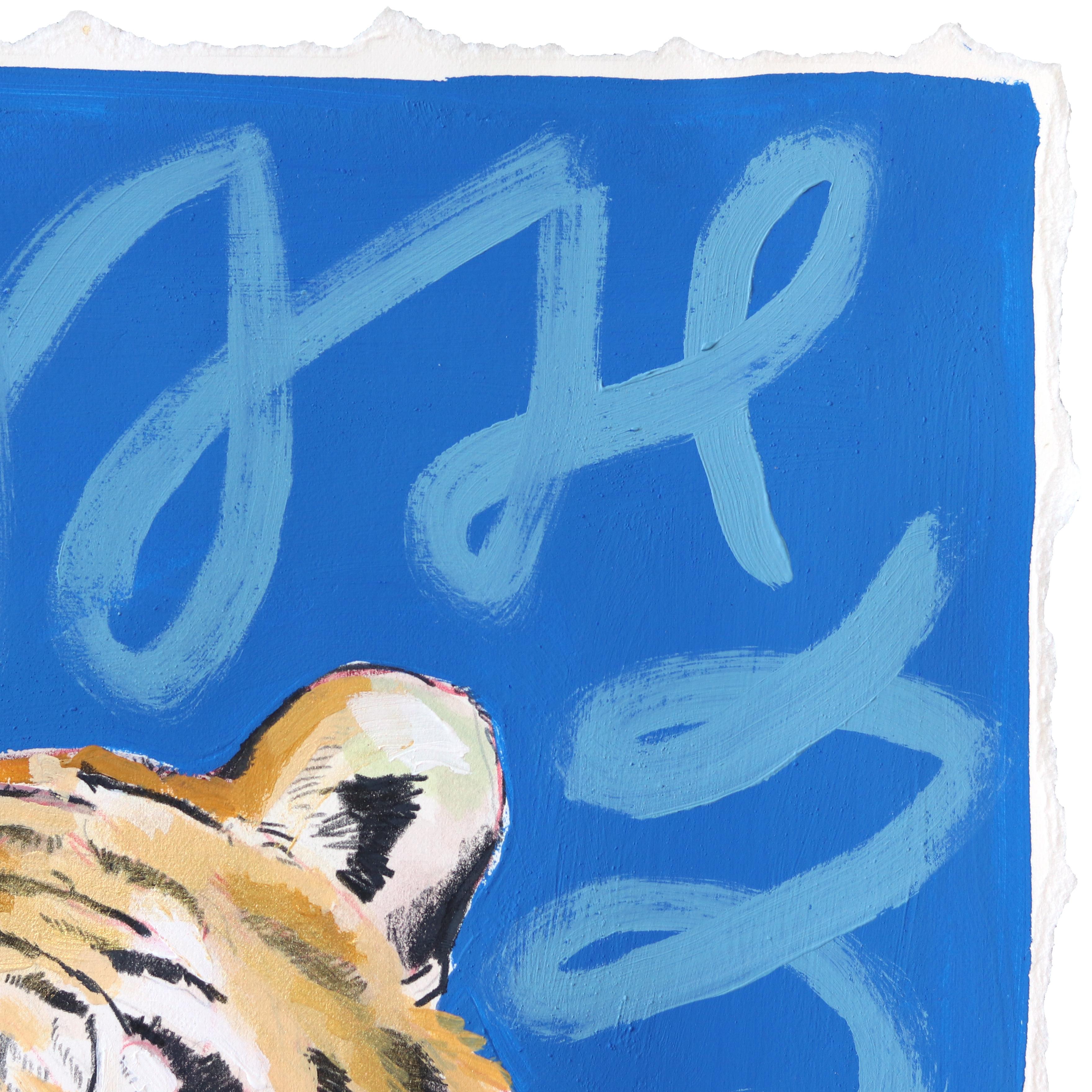 She Growls - Blue Tiger Portrait Painting on Paper For Sale 2