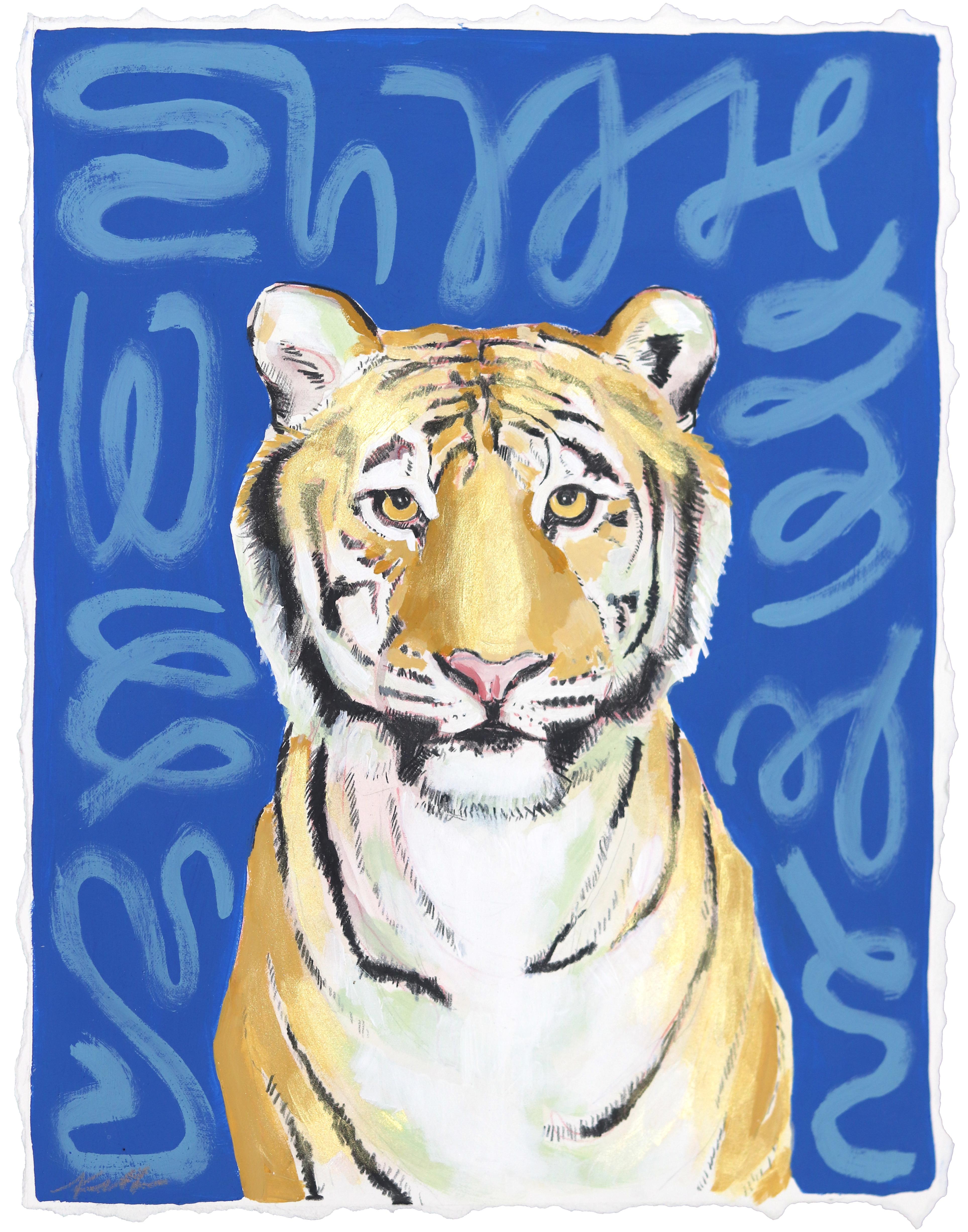 She Growls - Peinture de portrait de tigre bleu sur papier
