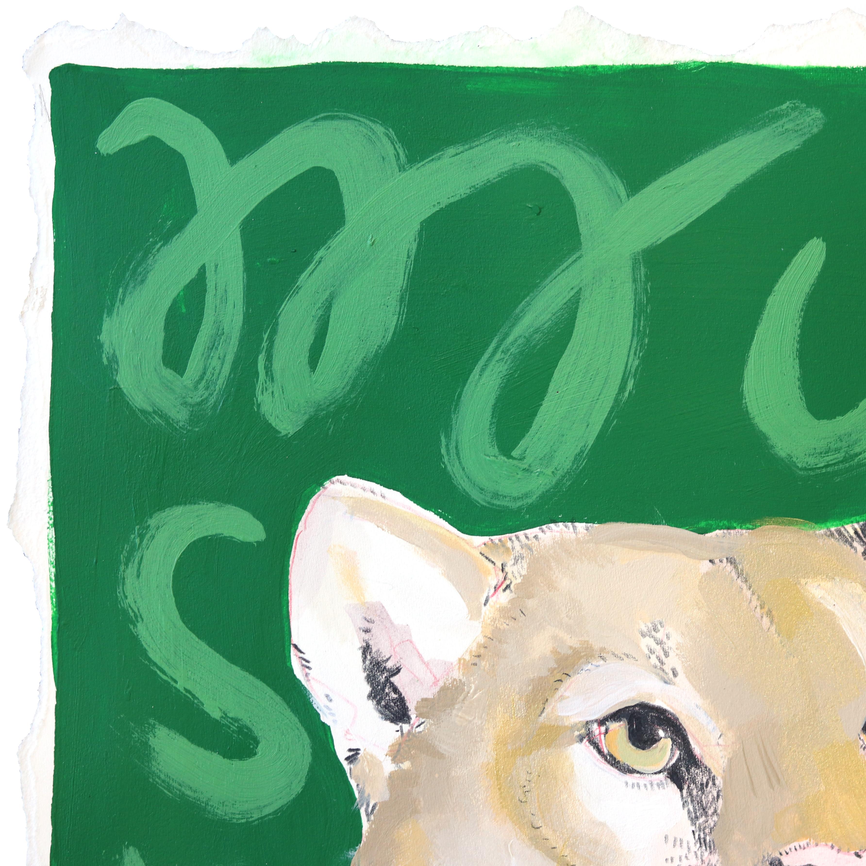She Purrs - Green Cougar Portrait Painting on Paper For Sale 1