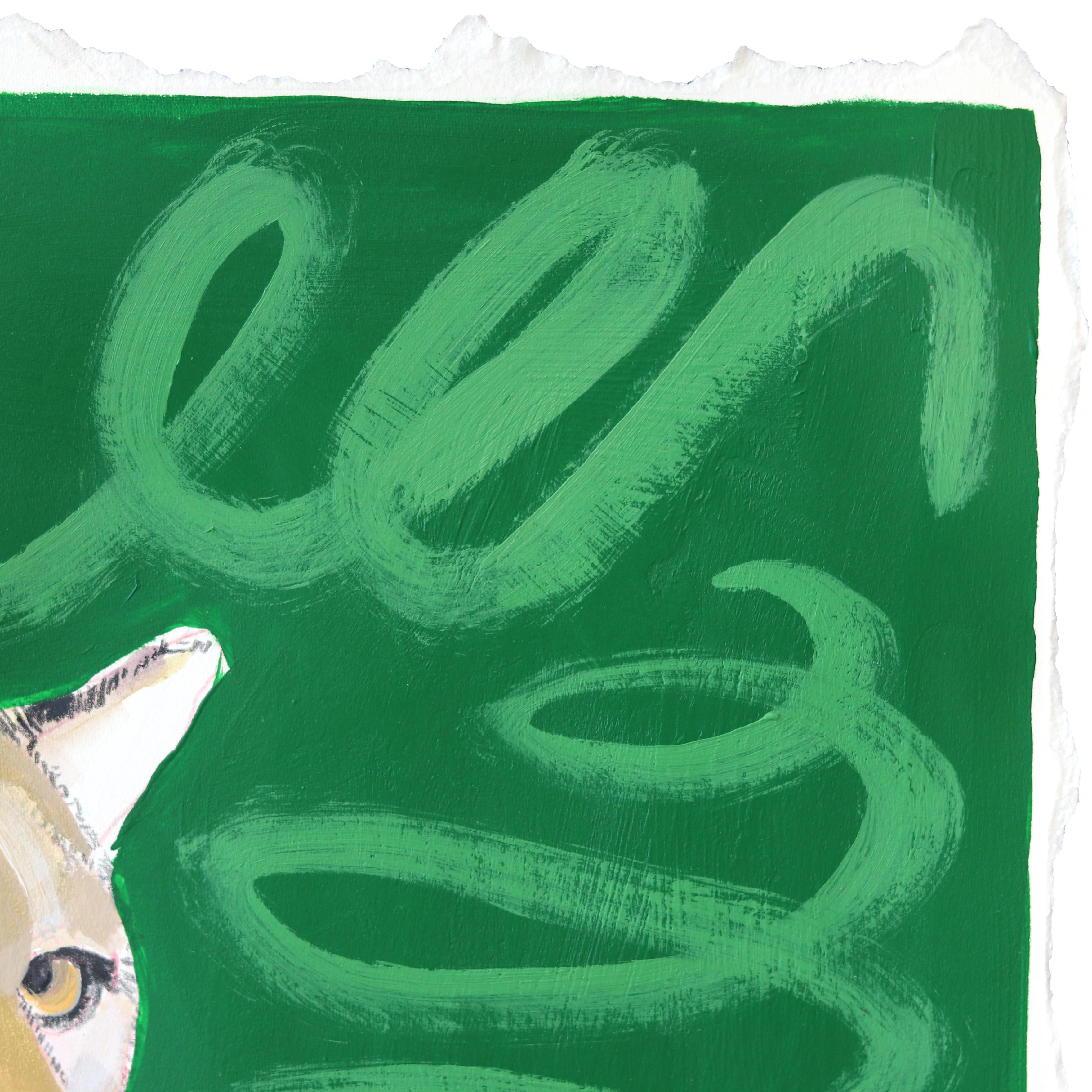 She Purrs - Green Cougar Portrait Painting on Paper For Sale 2