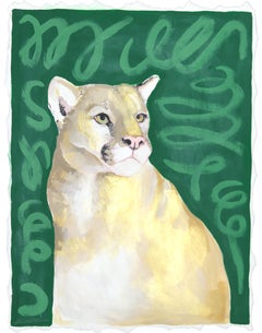She Purrs - Green Cougar Portrait Painting on Paper