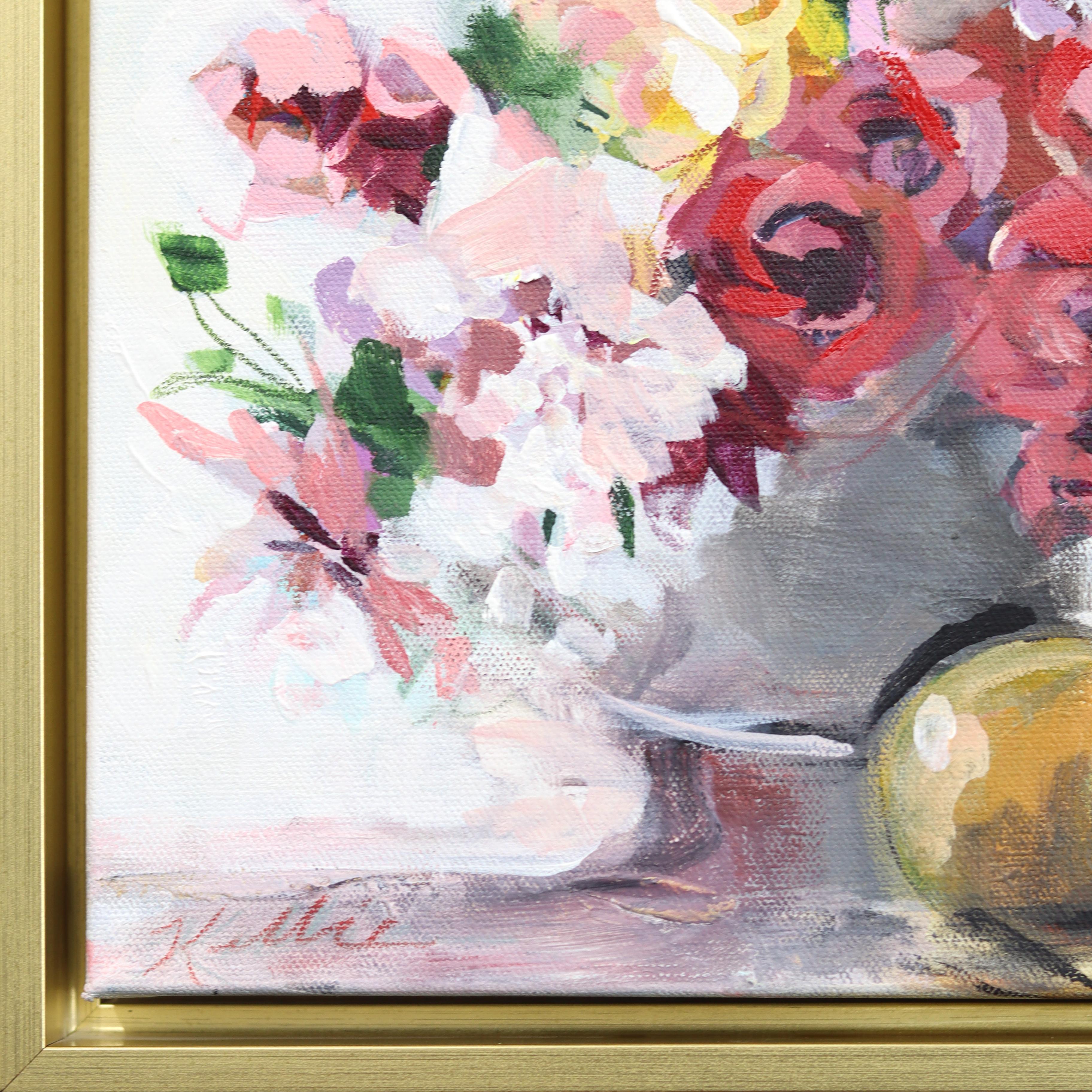 Sight of Fall - Gerahmte bunte Blumenstillleben Mixed Media Malerei auf Leinwand (Zeitgenössisch), Painting, von Kellie Newsome