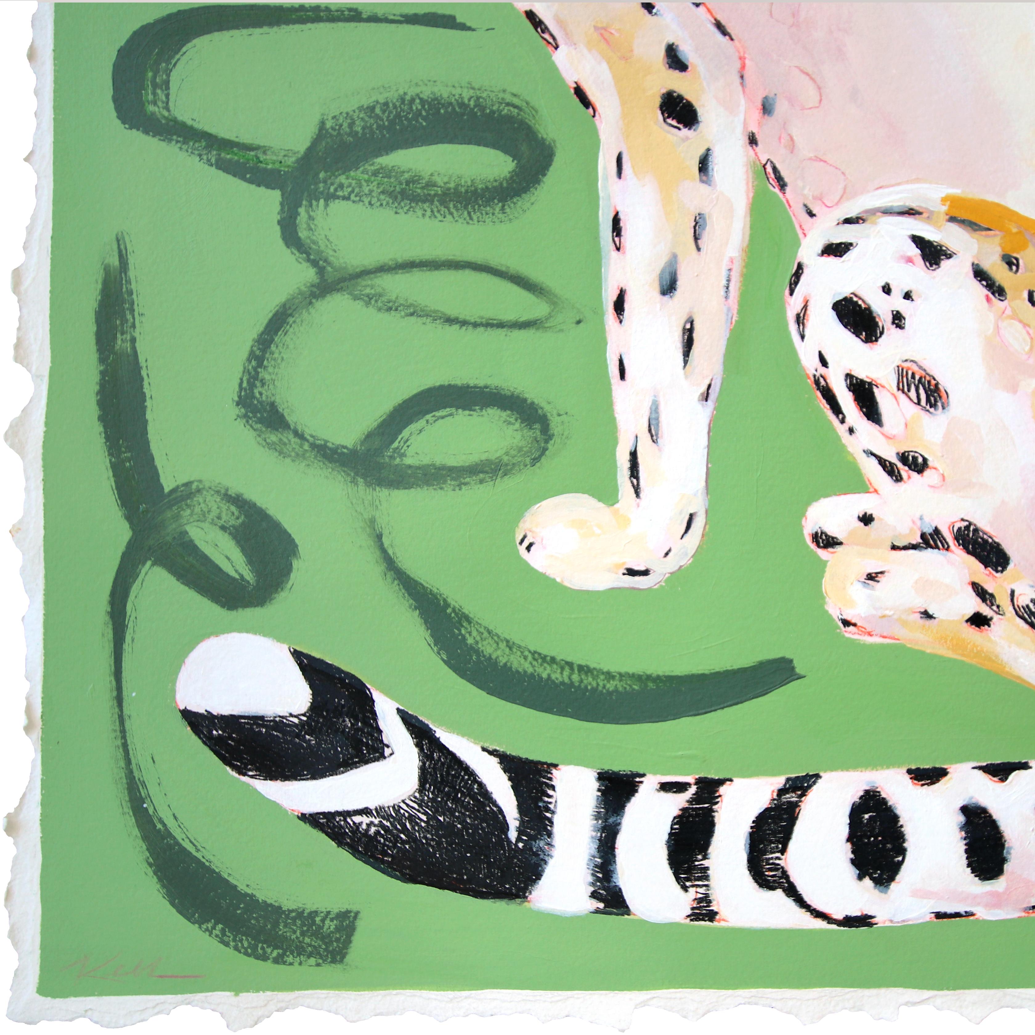 Guepardo sentado en verde -  Pintura abstracta de animales sobre papel - Painting de Kellie Newsome