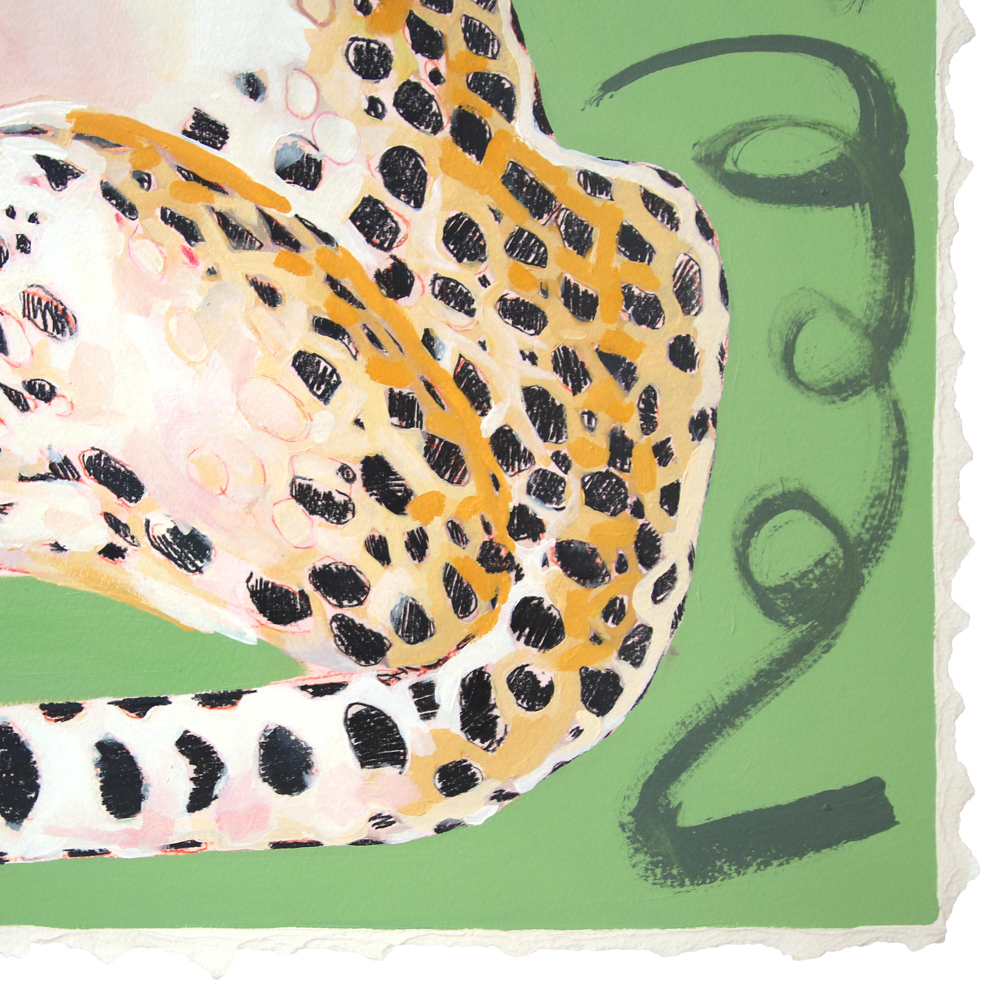 Guepardo sentado en verde -  Pintura abstracta de animales sobre papel - Painting Contemporáneo de Kellie Newsome