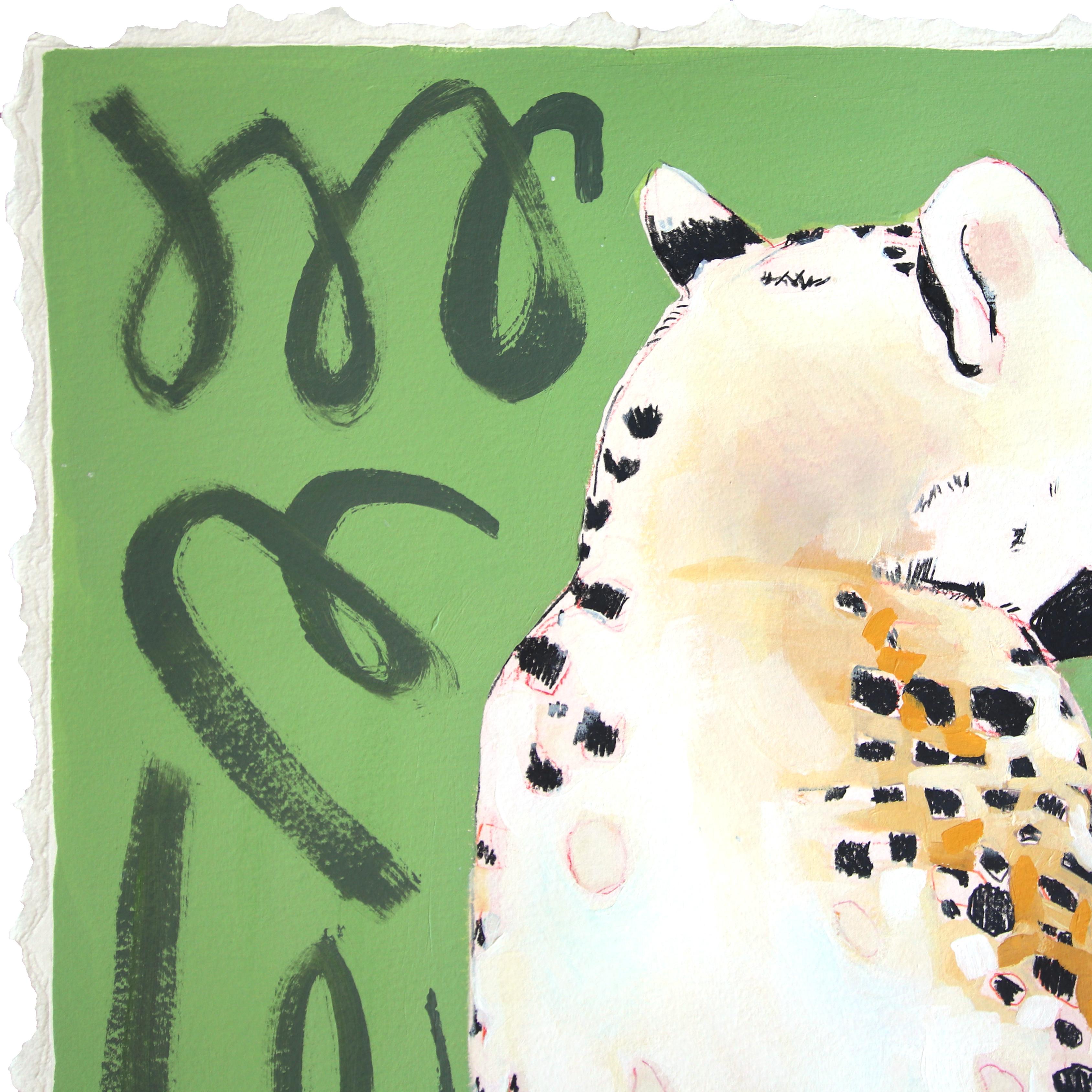 Guepardo sentado en verde -  Pintura abstracta de animales sobre papel - Animal Painting Gris de Kellie Newsome