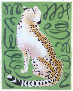 Sitting Cheetah in Green -  Abstract Animal Painting on Paper