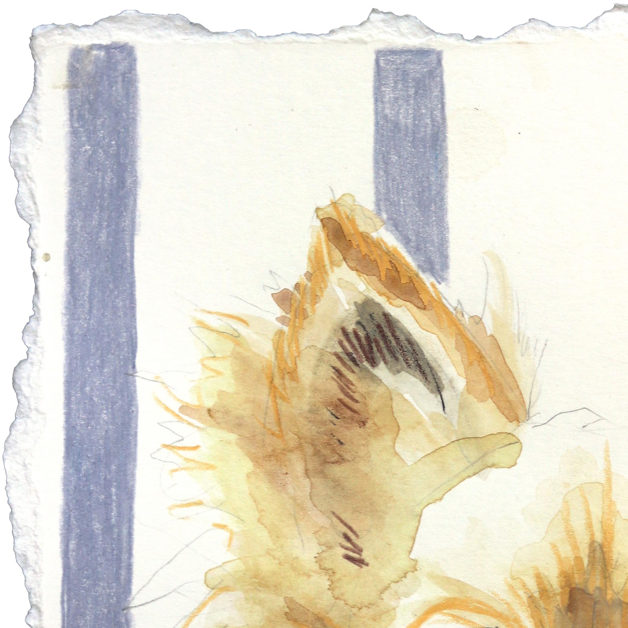 Small & Fluffy - Abstract Expressive Dog Portrait Mixed Media Painting on Paper (Beige), Animal Painting, von Kellie Newsome