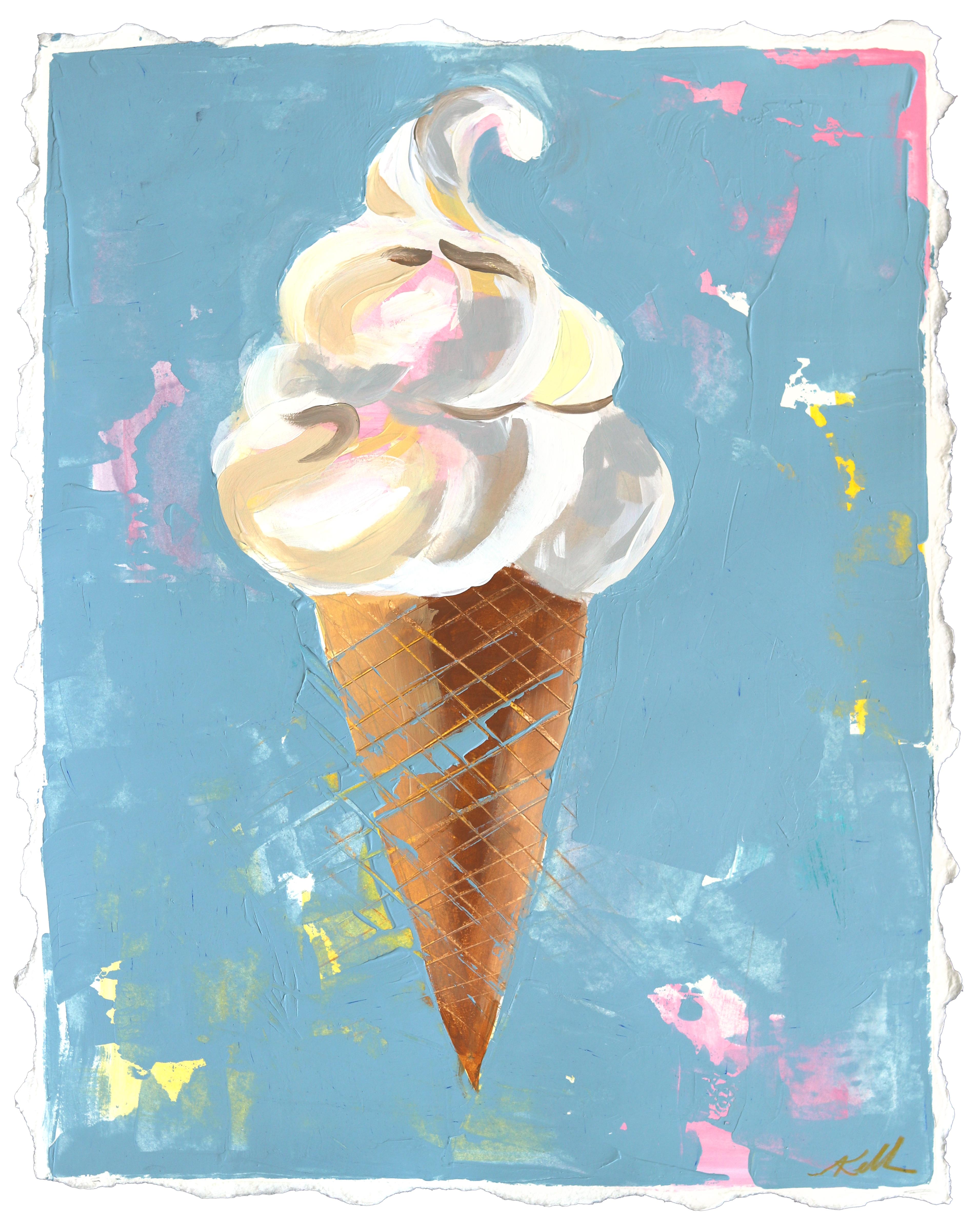 Soft Serve dans un cône de gaufre - Dessert original Peinture mixte sur papier