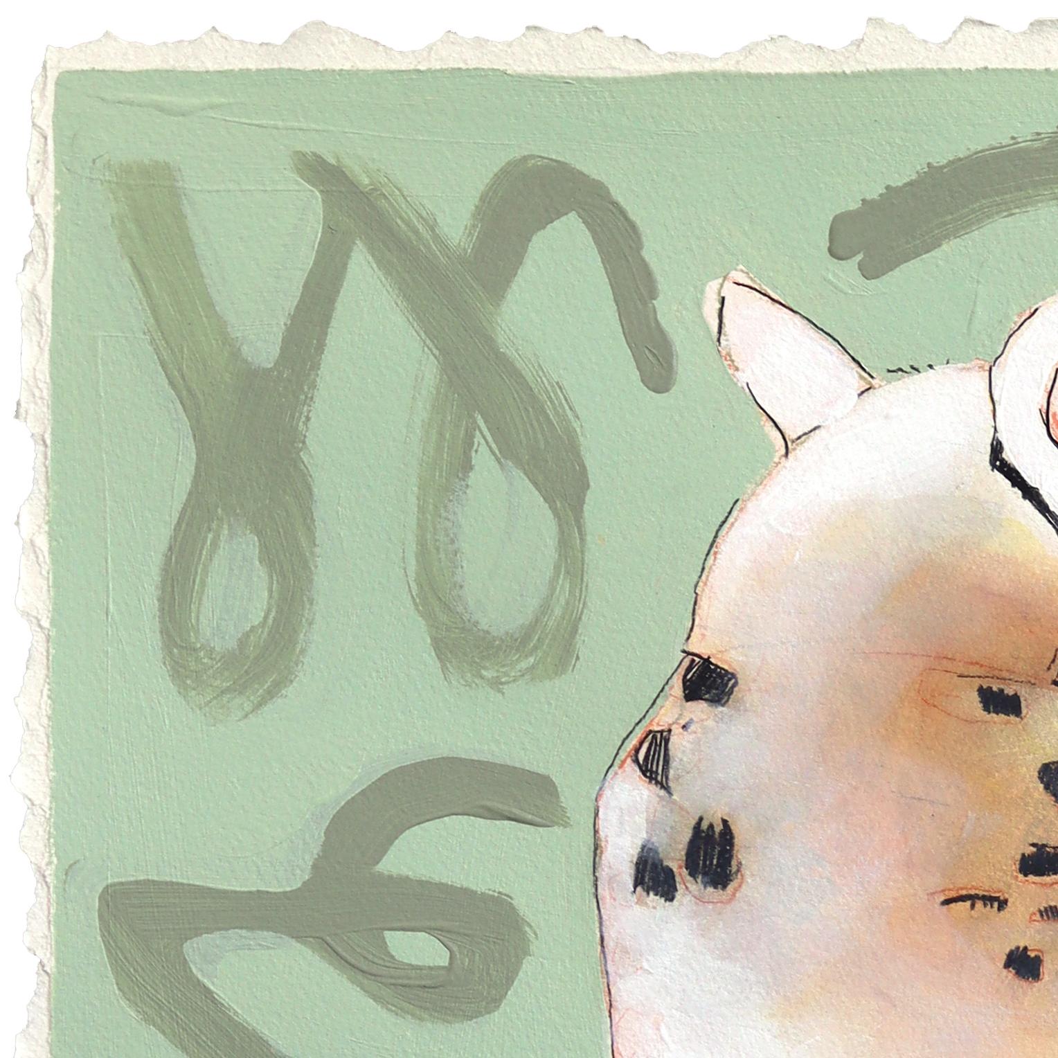 Spottrf in a Crowd - Wild Cat Portrait Mixed Media Sage Green Painting on Paper - Gris Animal Painting par Kellie Newsome