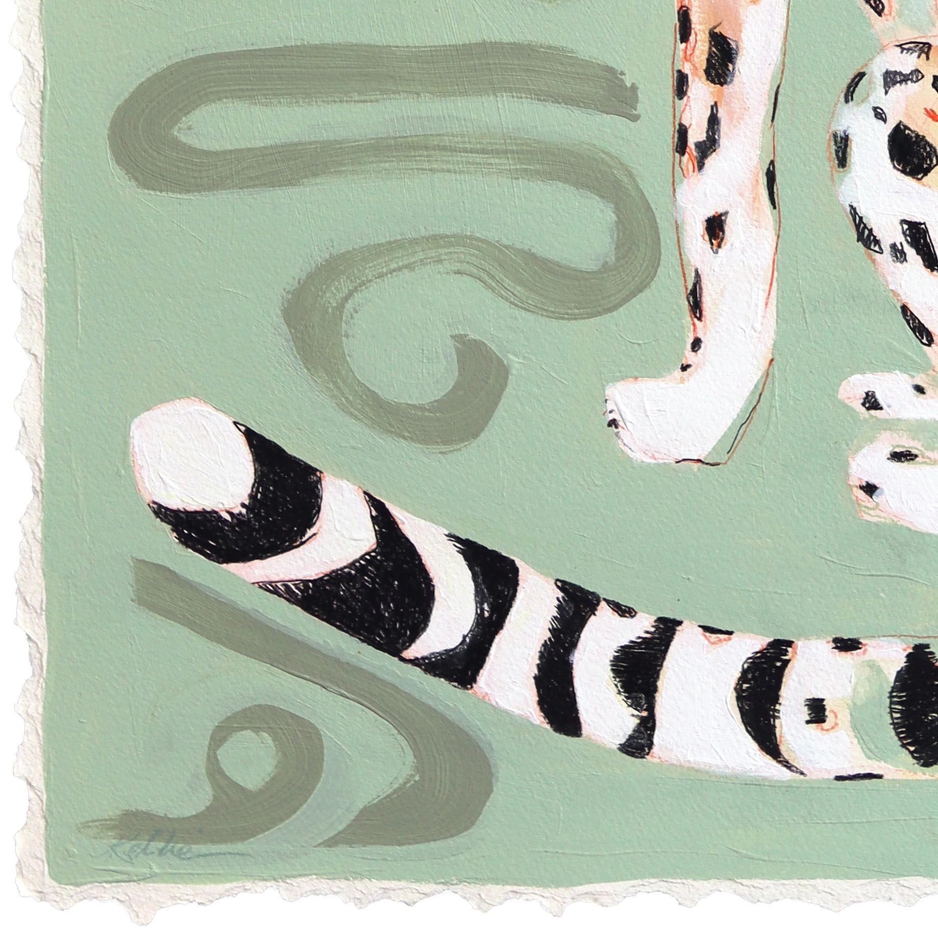 Spottrf in a Crowd - Wild Cat Portrait Mixed Media Sage Green Painting on Paper en vente 1