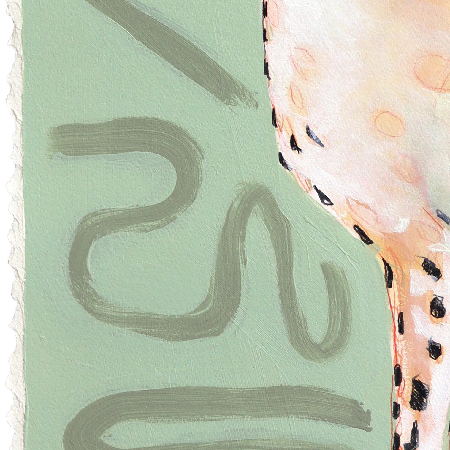 Spottrf in a Crowd - Wild Cat Portrait Mixed Media Sage Green Painting on Paper en vente 2