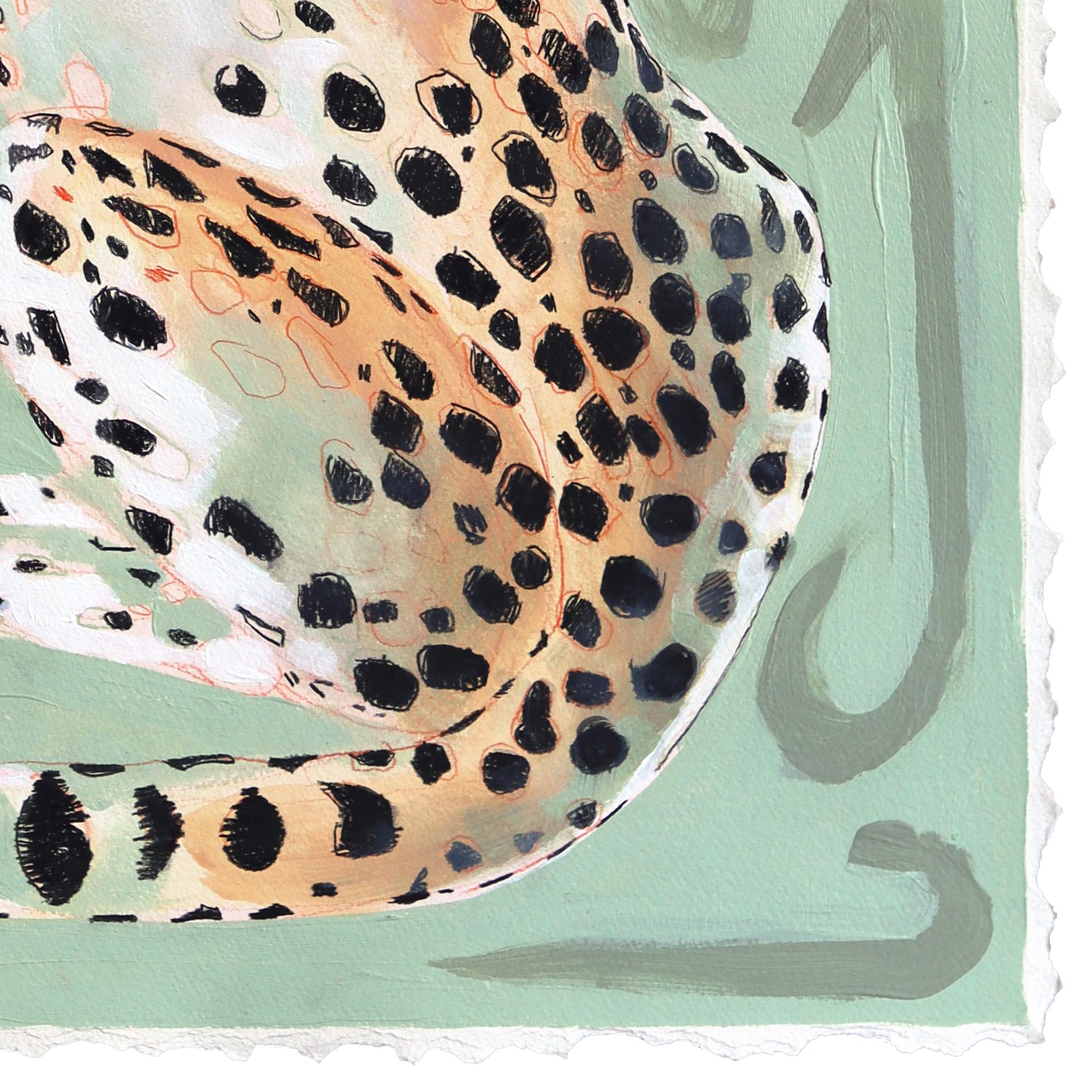 Spottrf in a Crowd - Wild Cat Portrait Mixed Media Sage Green Painting on Paper en vente 4