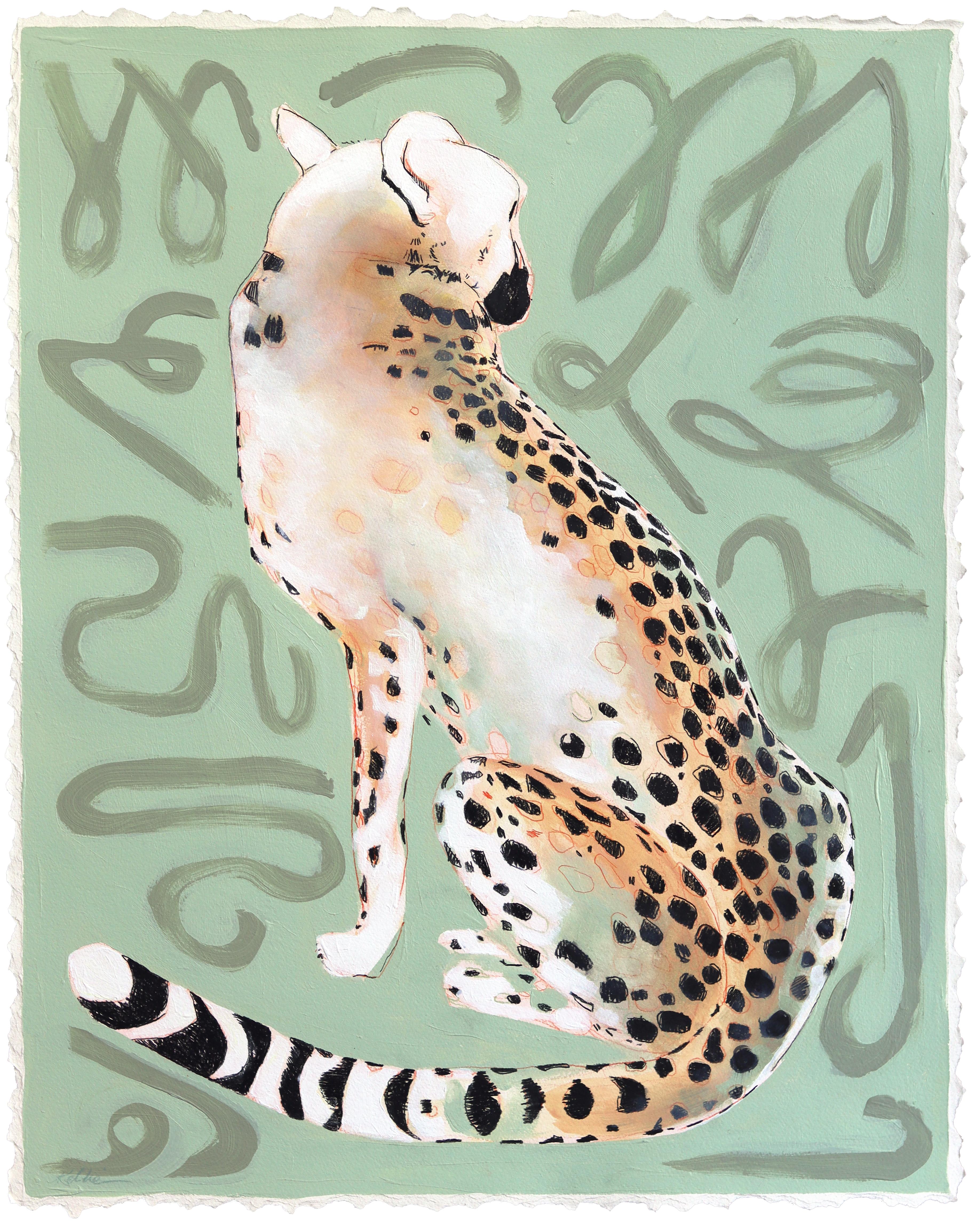 Spottrf in a Crowd - Wild Cat Portrait Mixed Media Sage Green Painting on Paper