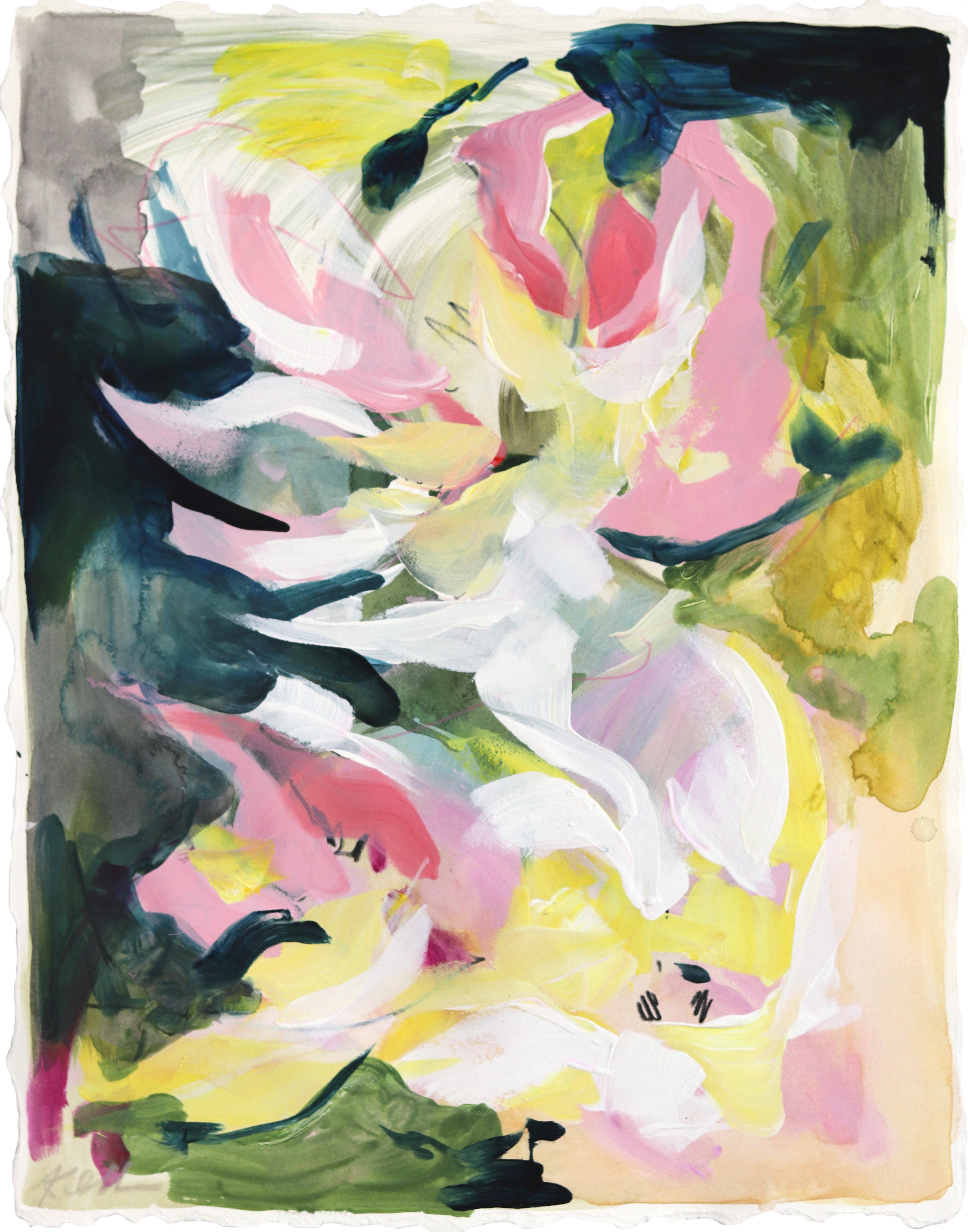 Abstract Painting di Kellie Newsome - Raccolta di primavera in giardino - Pittura floreale colorata ed espressiva su carta