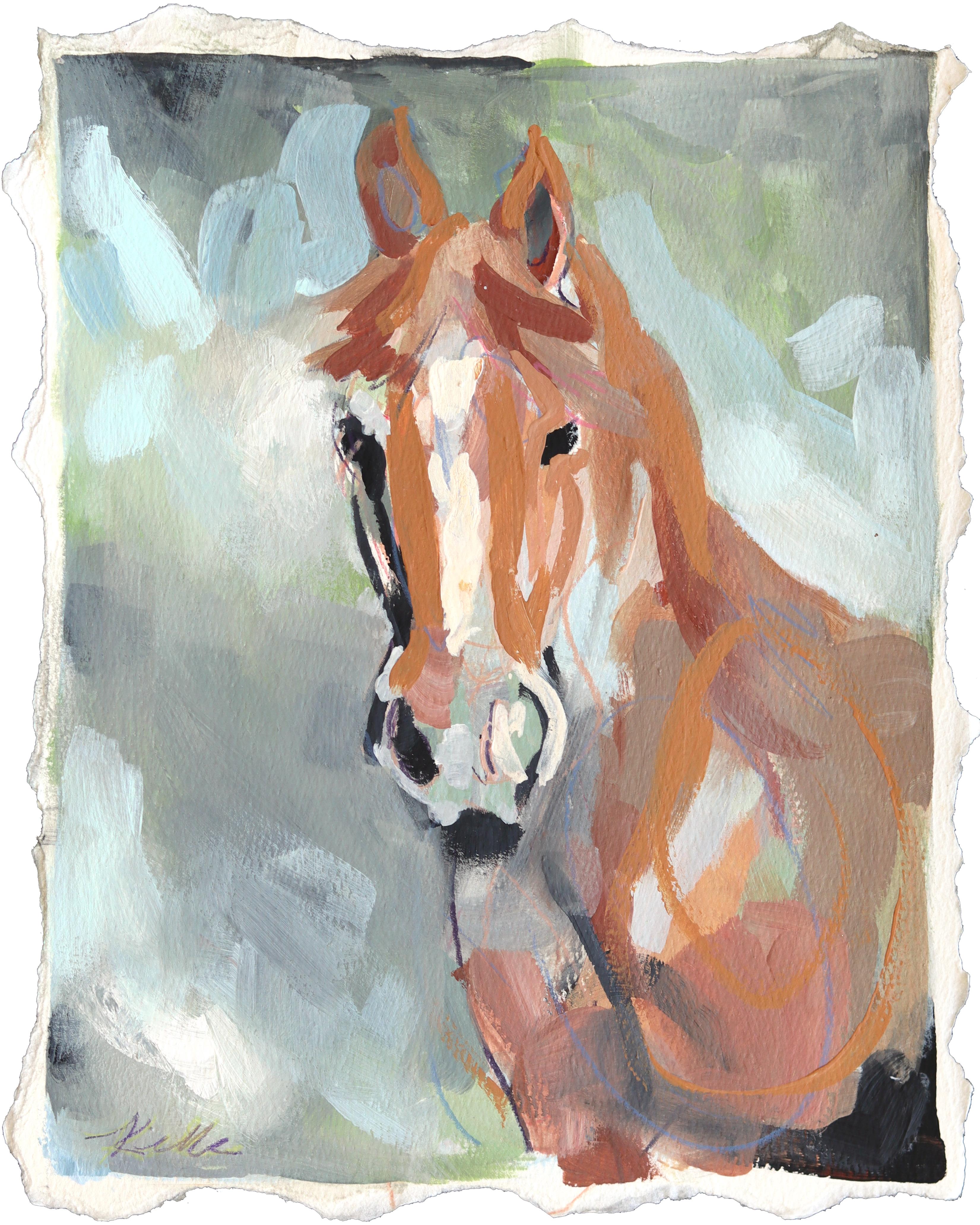 Semental - Retrato de caballo abstracto en tonos fríos Pintura en técnica mixta sobre papel