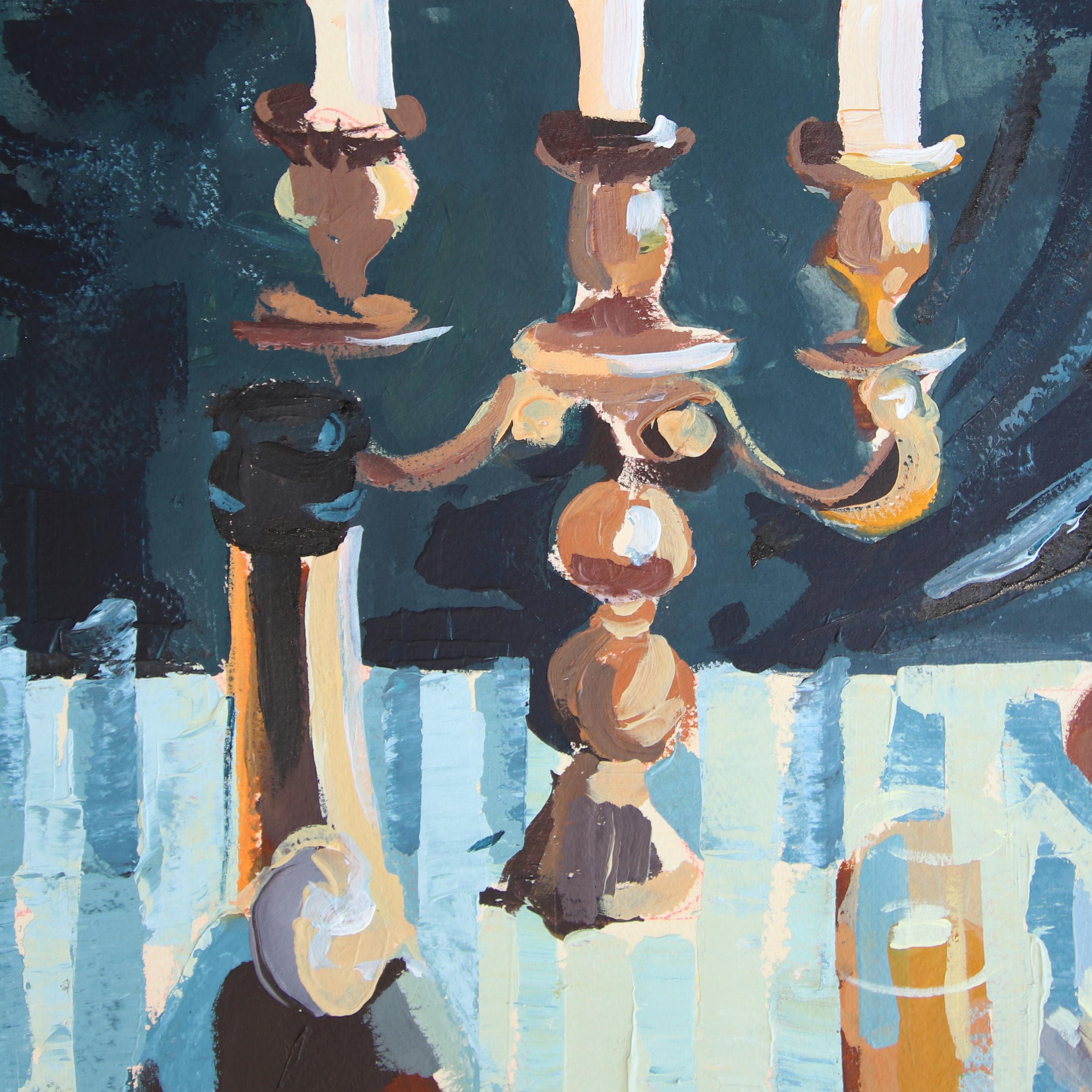 Rayas y chocolate -  Bodegón azul animado Pintura sobre papel - Mixed Media Art Contemporáneo de Kellie Newsome