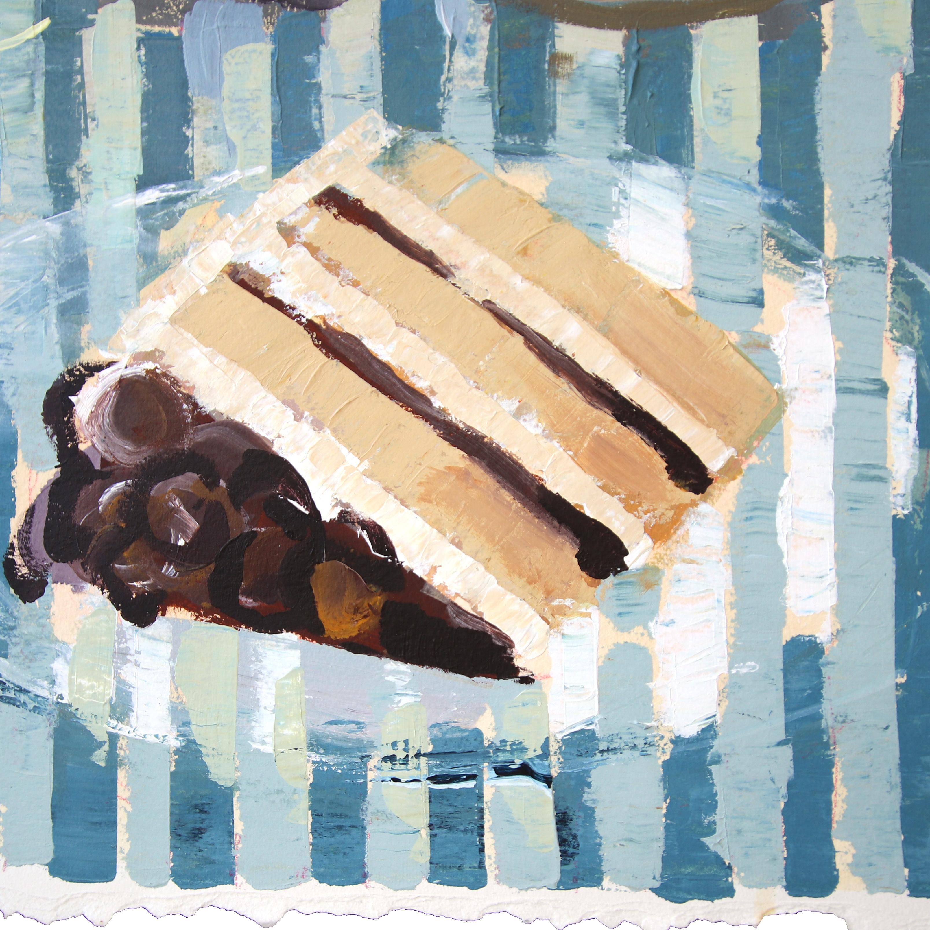 Rayas y chocolate -  Bodegón azul animado Pintura sobre papel en venta 2