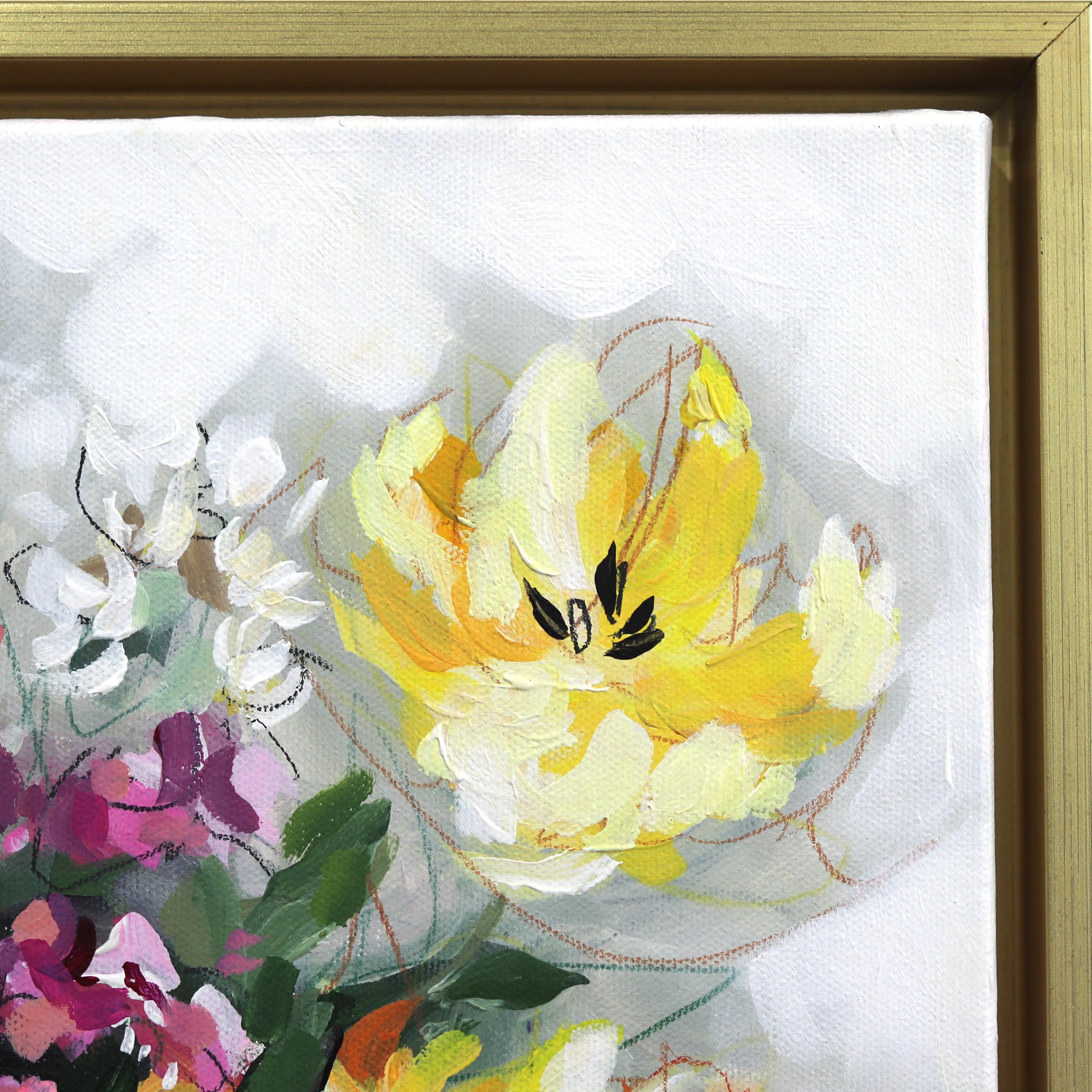 Summer Splash - Bodegón floral original enmarcado sobre lienzo - Painting Posimpresionista de Kellie Newsome