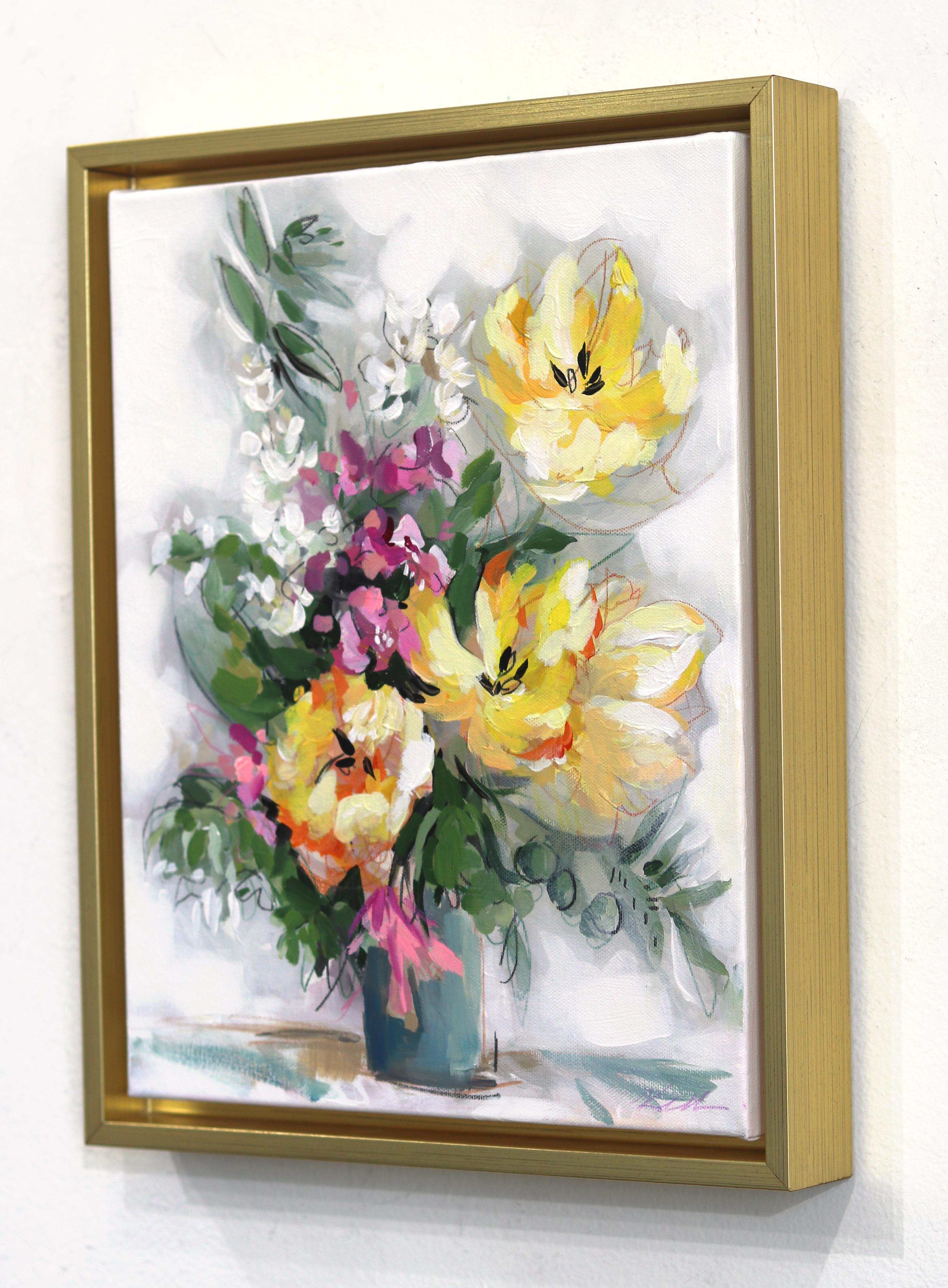 Summer Splash - Bodegón floral original enmarcado sobre lienzo - Still-Life Painting Gris de Kellie Newsome