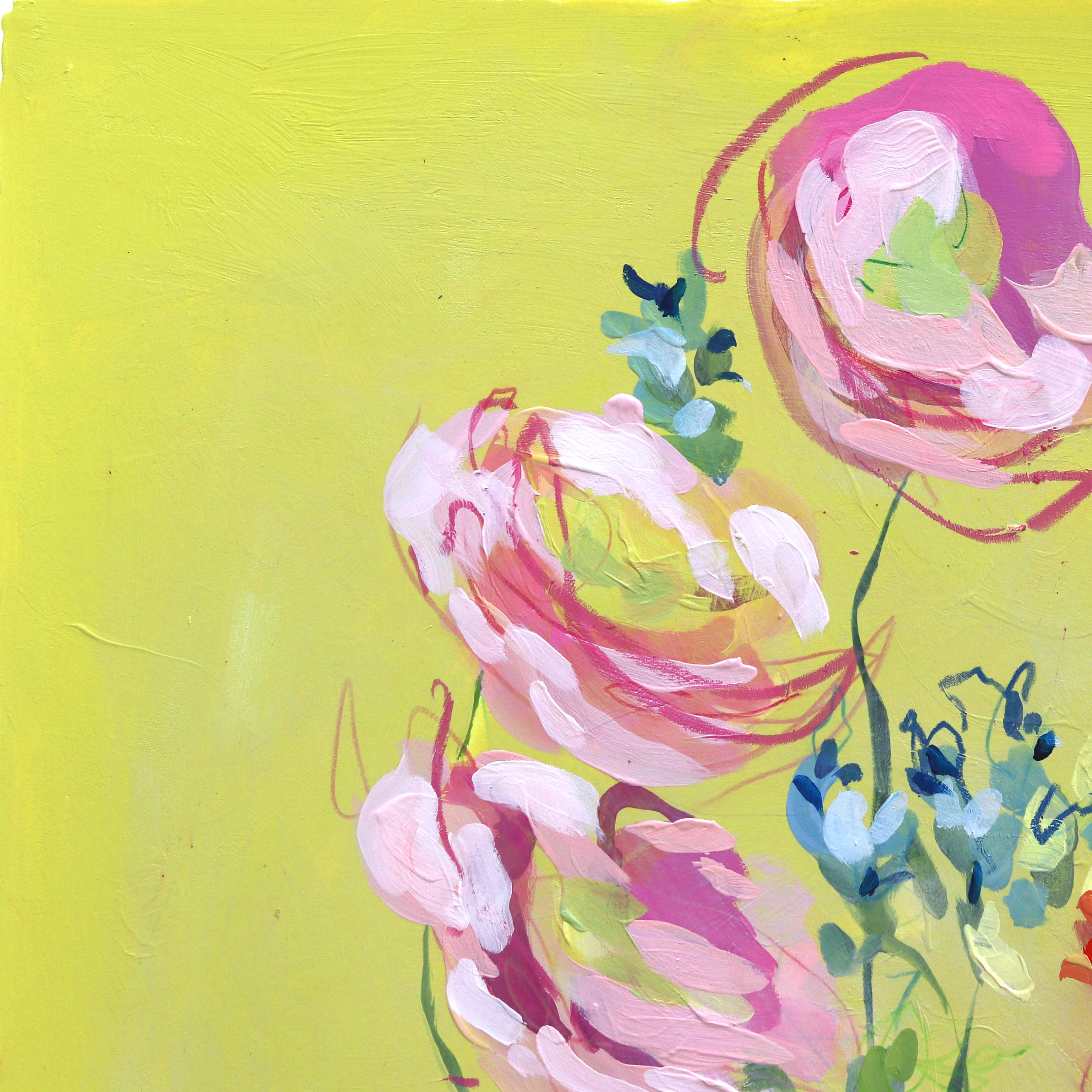 Sunshine in My Pocket - Vibrant Colorful Floral Still Life Painting on Paper For Sale 1