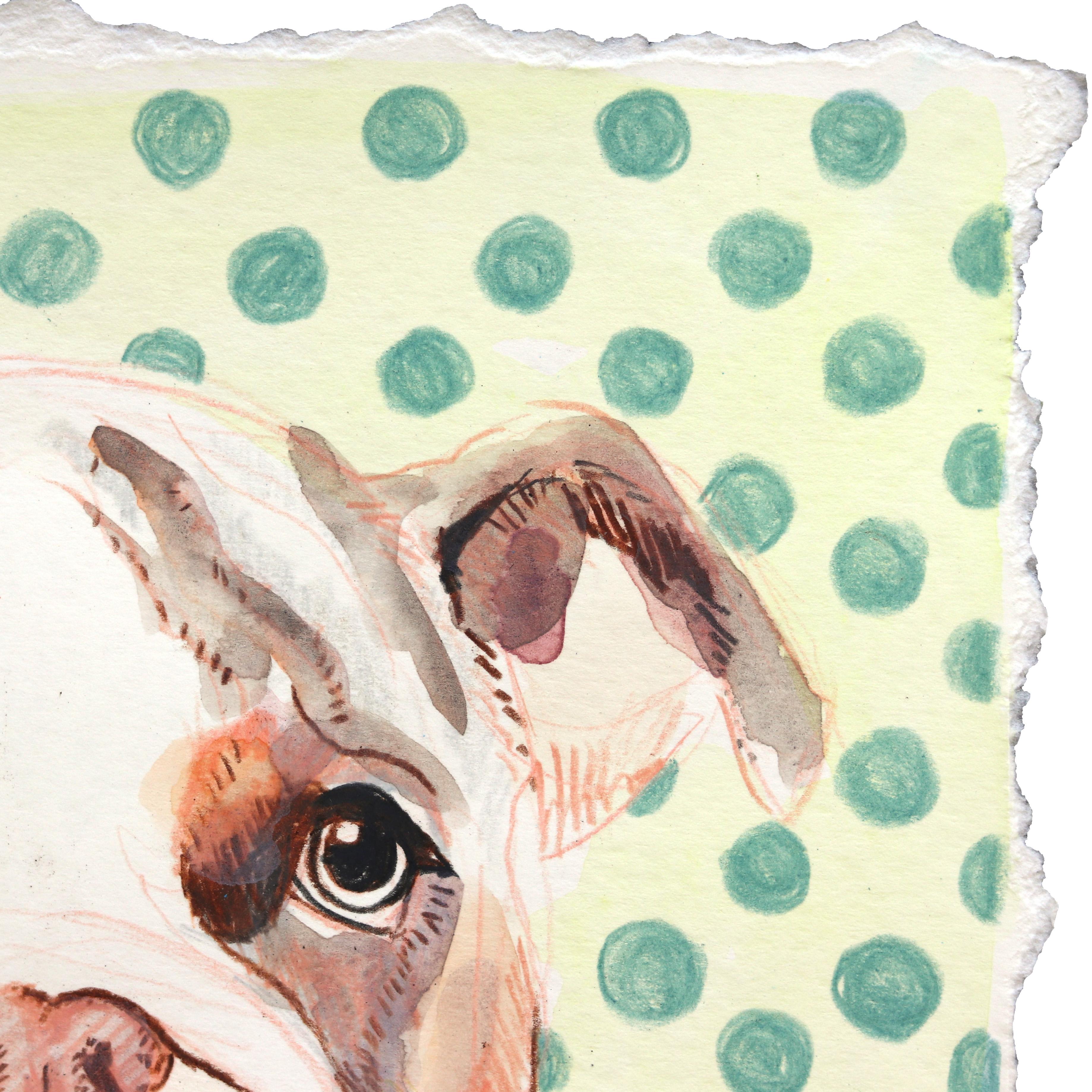 Sweet Drooler - Dog Portrait Painting on Paper - Beige Animal Painting by Kellie Newsome