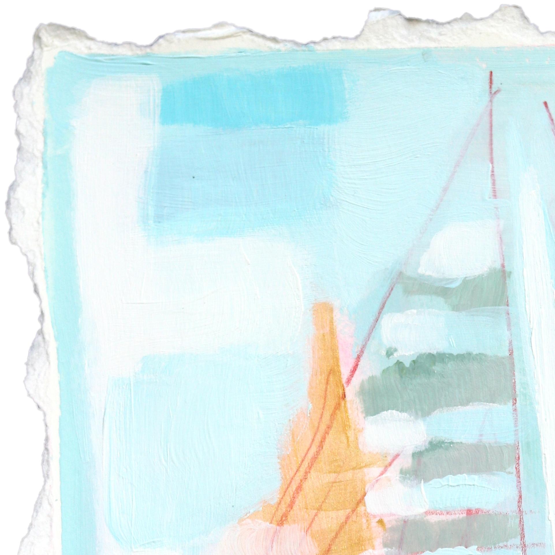 Portami a casa con il vento - Pittura astratta espressiva con barca a vela su carta - Painting di Kellie Newsome