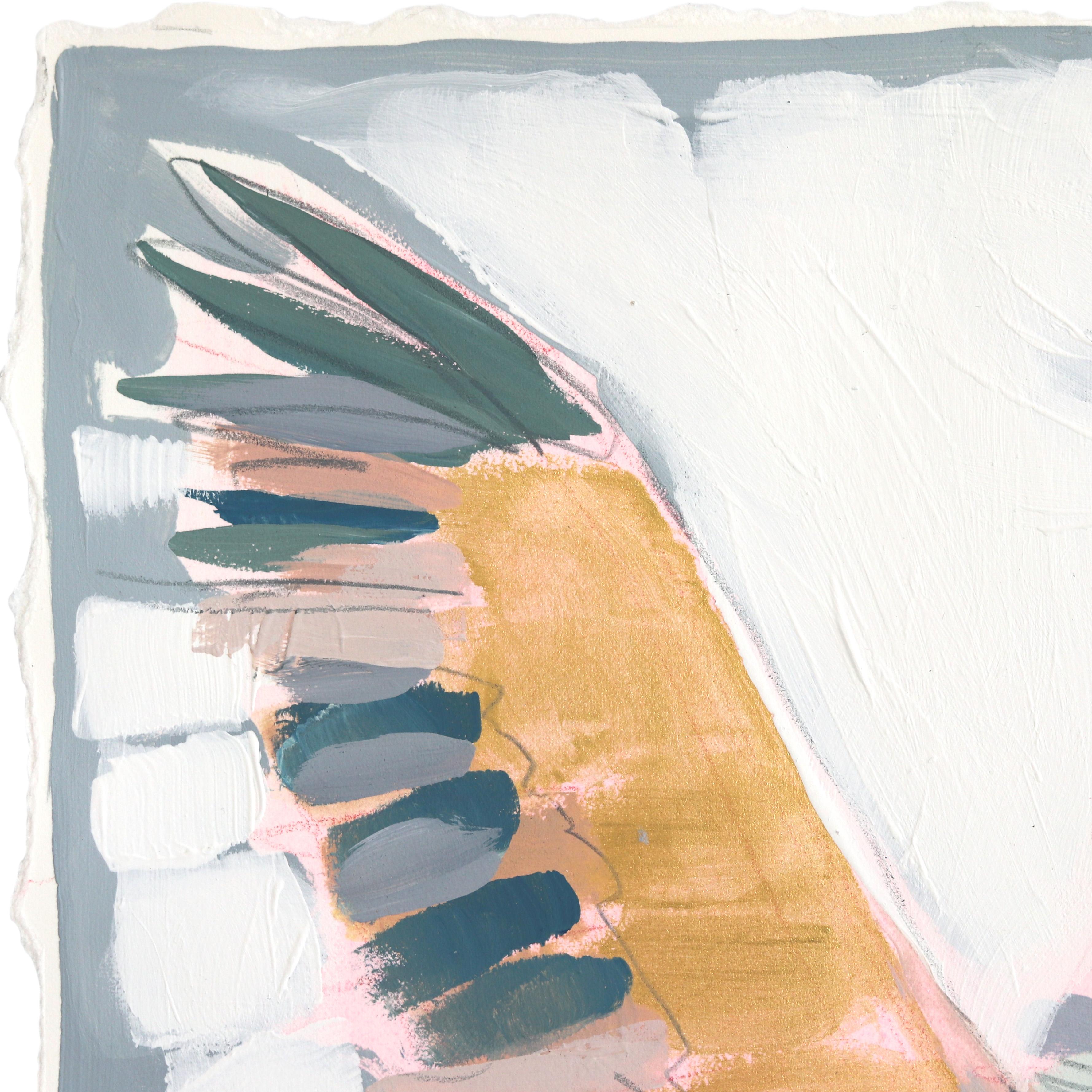 El viento en mi pelo - Pintura abstracta de pájaros sobre papel - Animal Painting Beige de Kellie Newsome