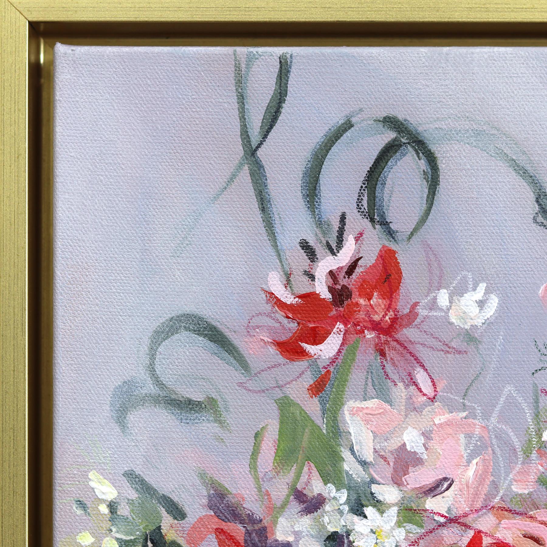 Wondering Rose - Gerahmtes Abstraktes Botanisches Blumenstillleben Kunstwerk auf Leinwand (Zeitgenössisch), Painting, von Kellie Newsome