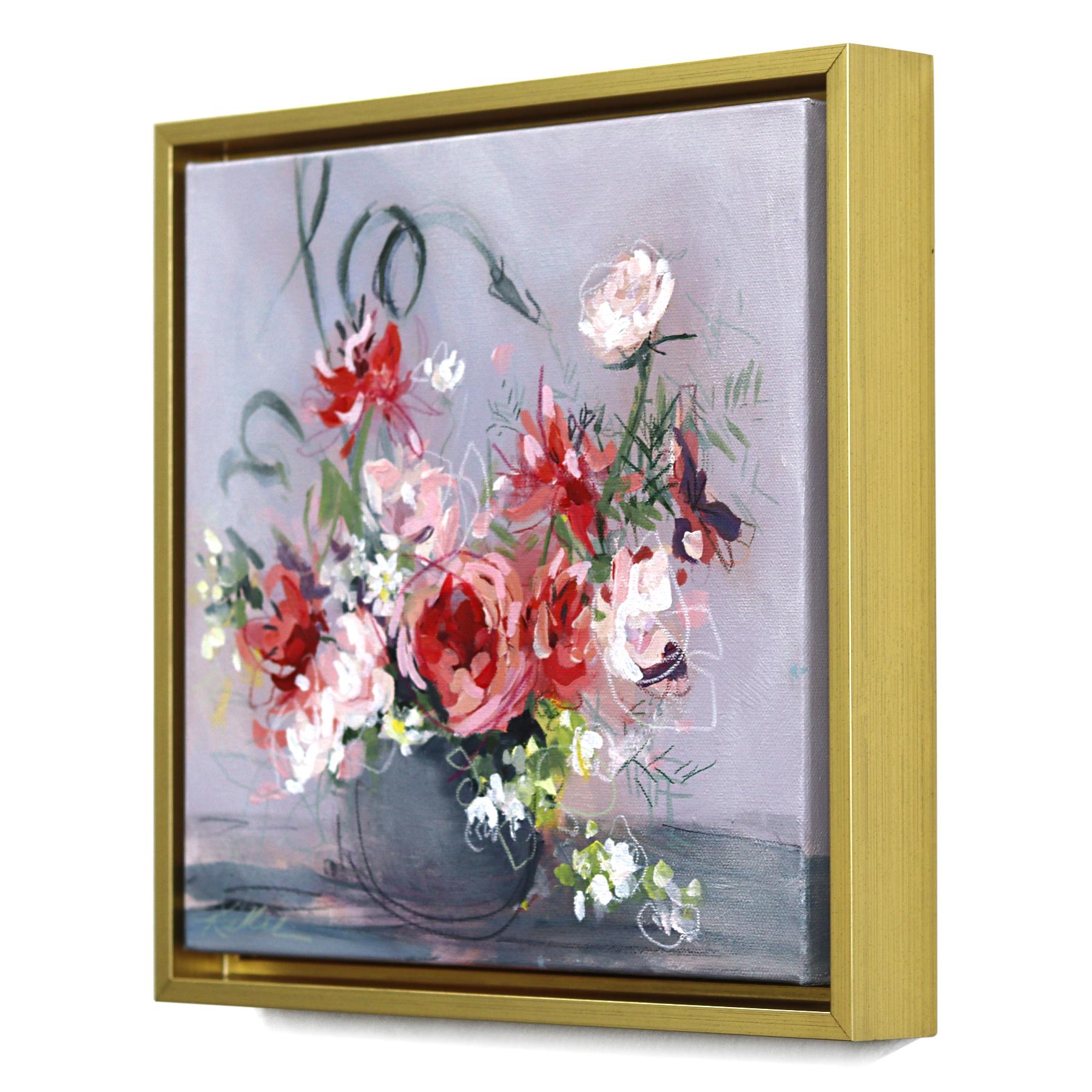 Wondering Rose - Gerahmtes Abstraktes Botanisches Blumenstillleben Kunstwerk auf Leinwand (Grau), Still-Life Painting, von Kellie Newsome