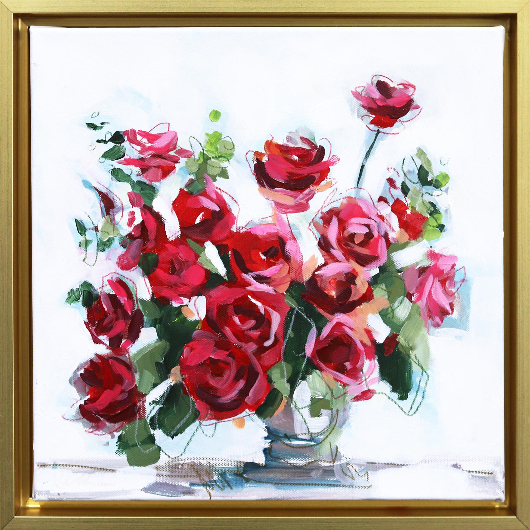Mehr als ein Dutzend Rosen  - Original gerahmte florale Malerei auf Leinwand