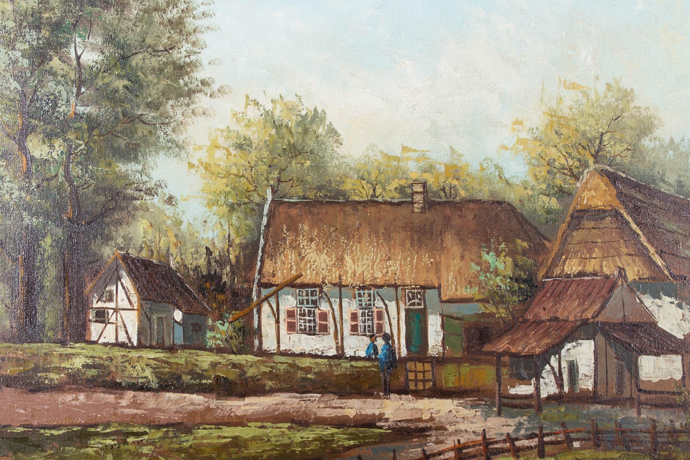 A view of a farmhouse and historic outbuildings in a country landscape. Presented in an ornate gilt-effect wooden frame. Signed to the lower-right edge. On canvas on stretchers.
