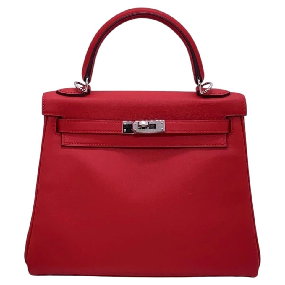 Kelly 25 Rouge Tomate Red Swift Leather PHW Y Stamp 2020 For Sale