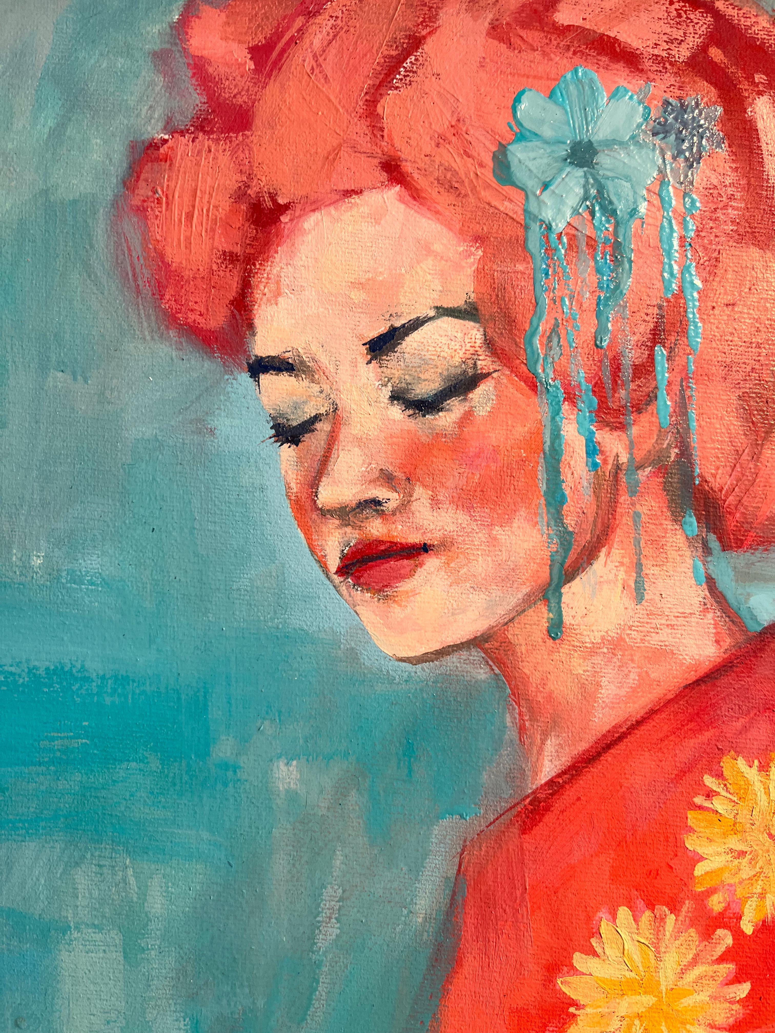 Coral Veil-original impressionism female figurative painting-contemporary Art - Realist Painting by Kelly-Anne Cairns