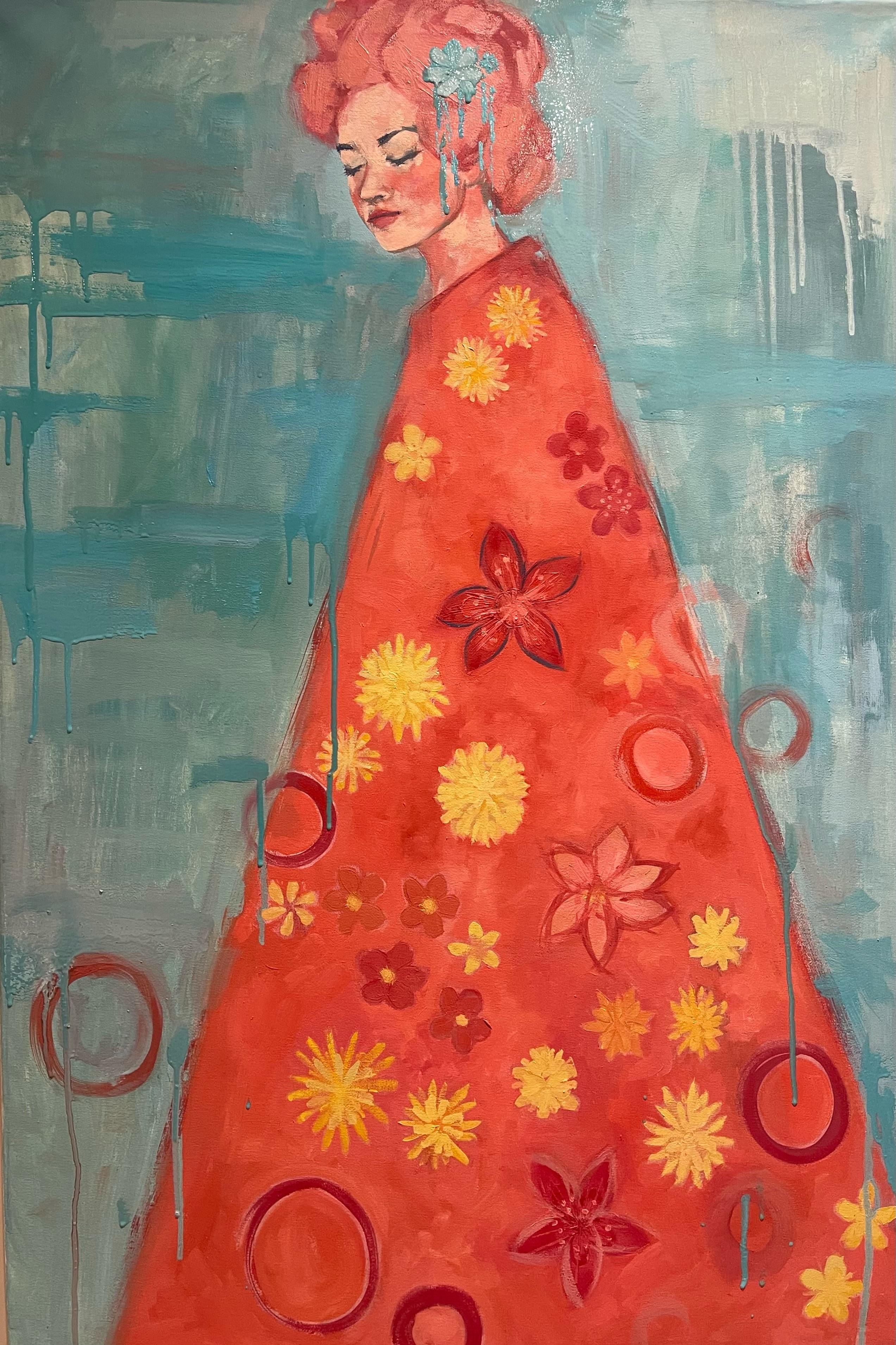 Coral Veil-original impressionism female figurative painting-contemporary Art