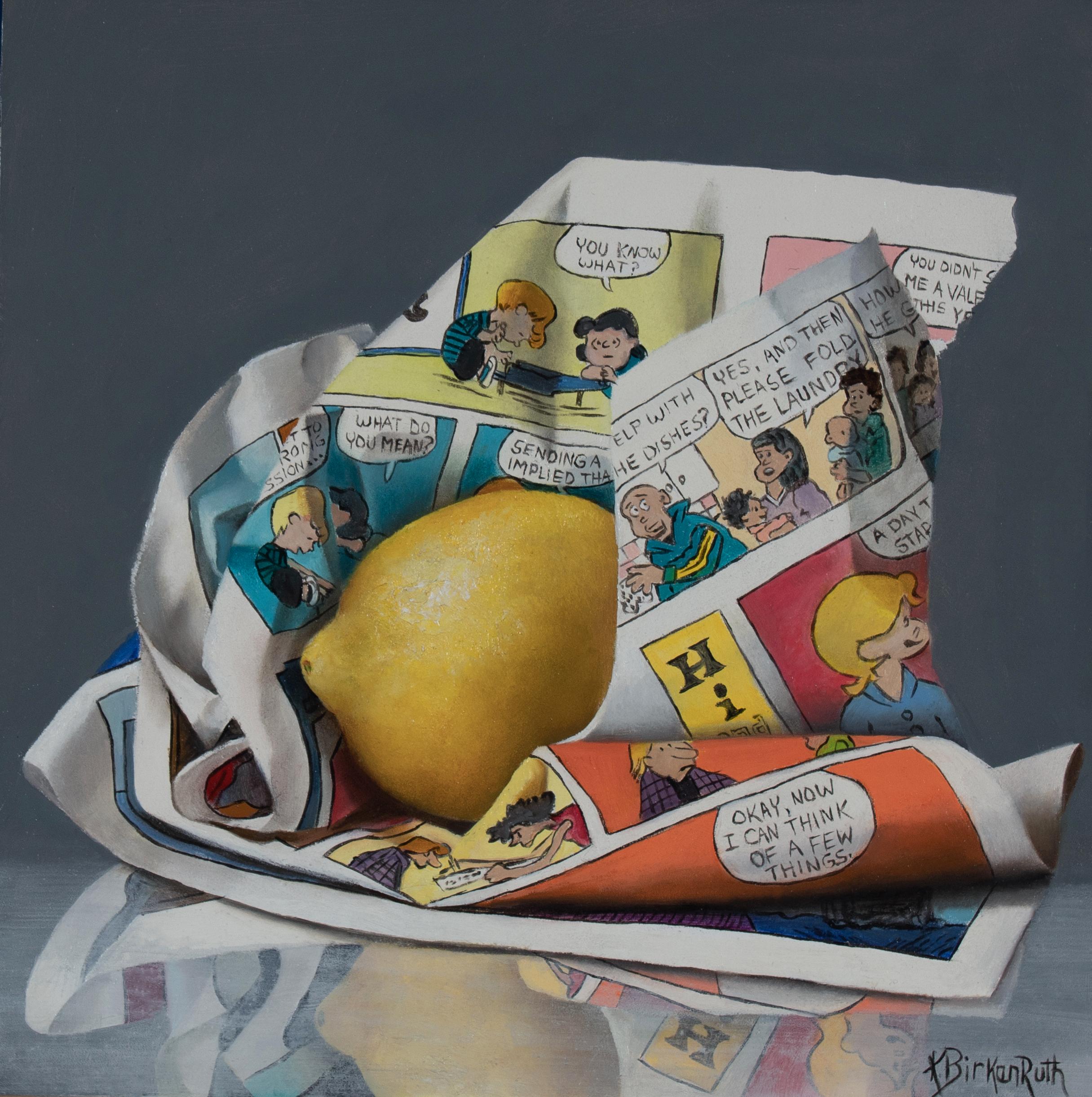 Kelly Birkenruth's "A Silly Citrus" (2023) is an original oil painting on panel, measuring 8 x 8 x 2 inches. This playful still life features a lemon wrapped in a colorful comic strip, showcasing Birkenruth's exceptional attention to detail and