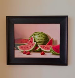 "A Slice of Summer" - Realist Watermelon and Strawberry Still Life Painting