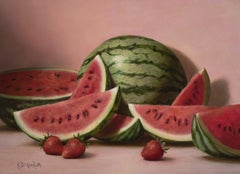 "A Slice of Summer" - Realist Watermelon and Strawberry Still Life Painting