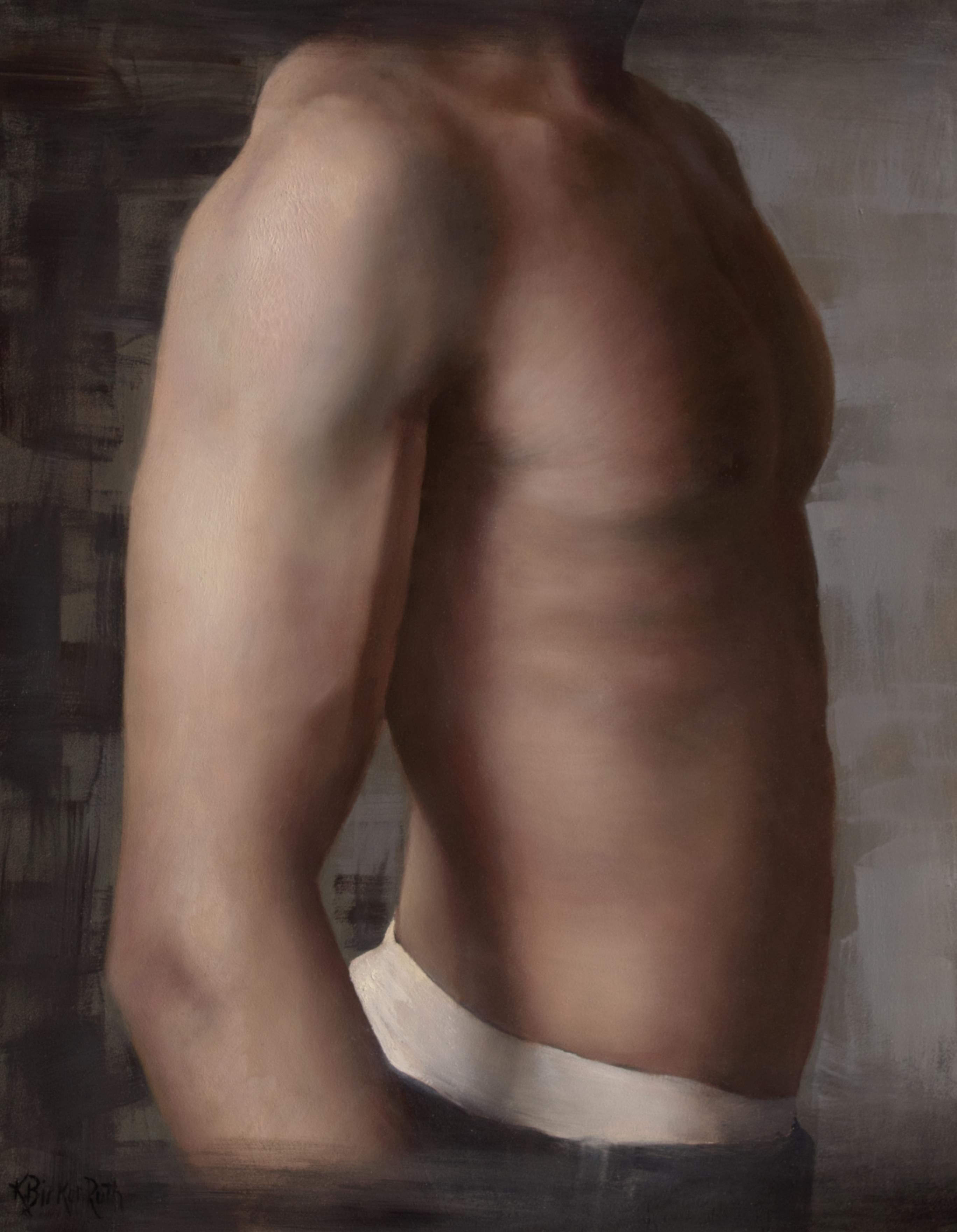 Kelly Birkenruth's "Adam" (2024) is an original oil painting on panel, measuring 14 x 11 x 2 inches. This striking artwork features the detailed portrayal of a male torso, emphasizing the muscular structure and the subtle interplay of light and