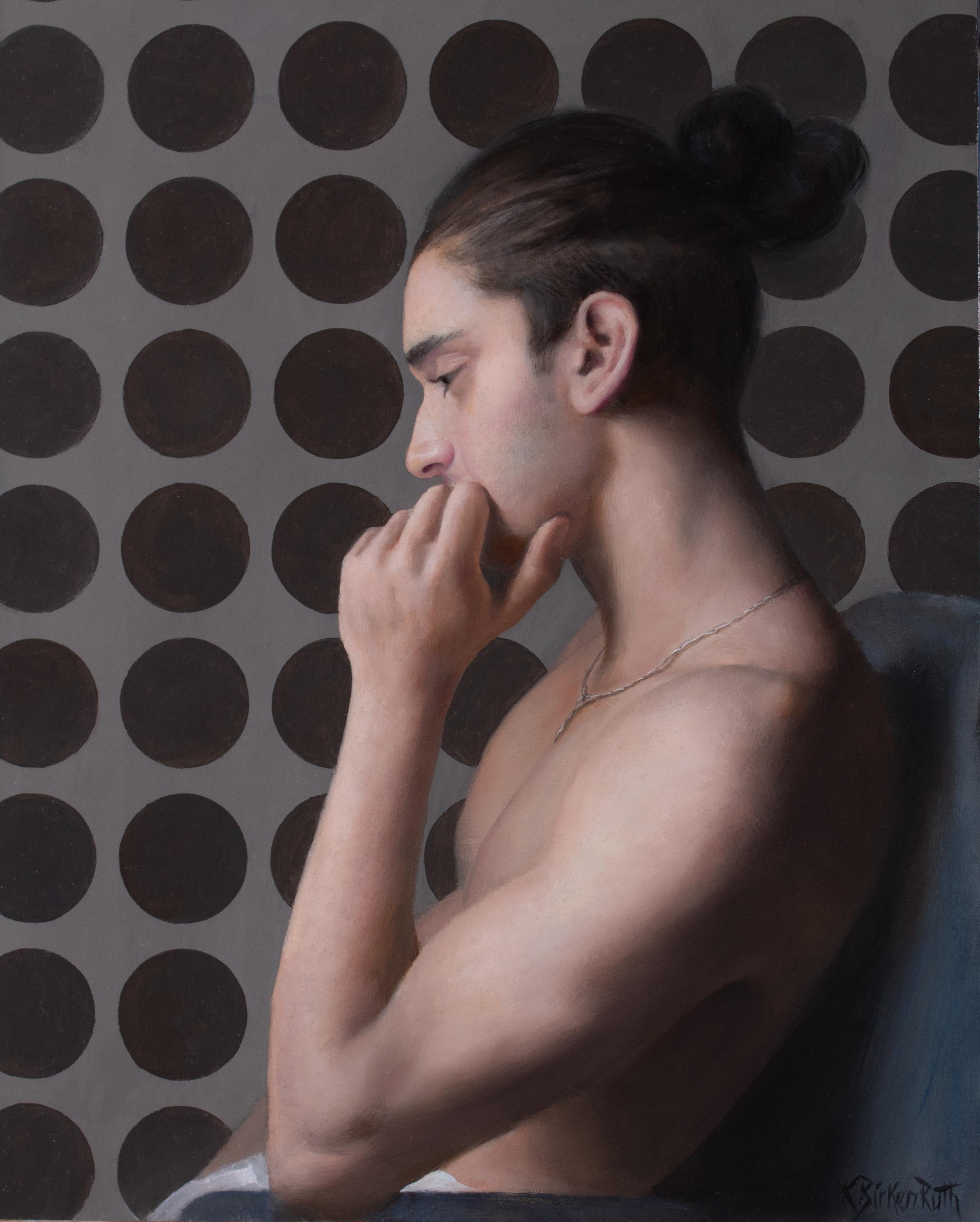Kelly Birkenruth's "Decisions" (2023) is an original oil painting on panel, measuring 14 x 11 x 2 inches. This striking piece portrays a young man in deep contemplation, with his head resting on his hand. The background features a pattern of dark
