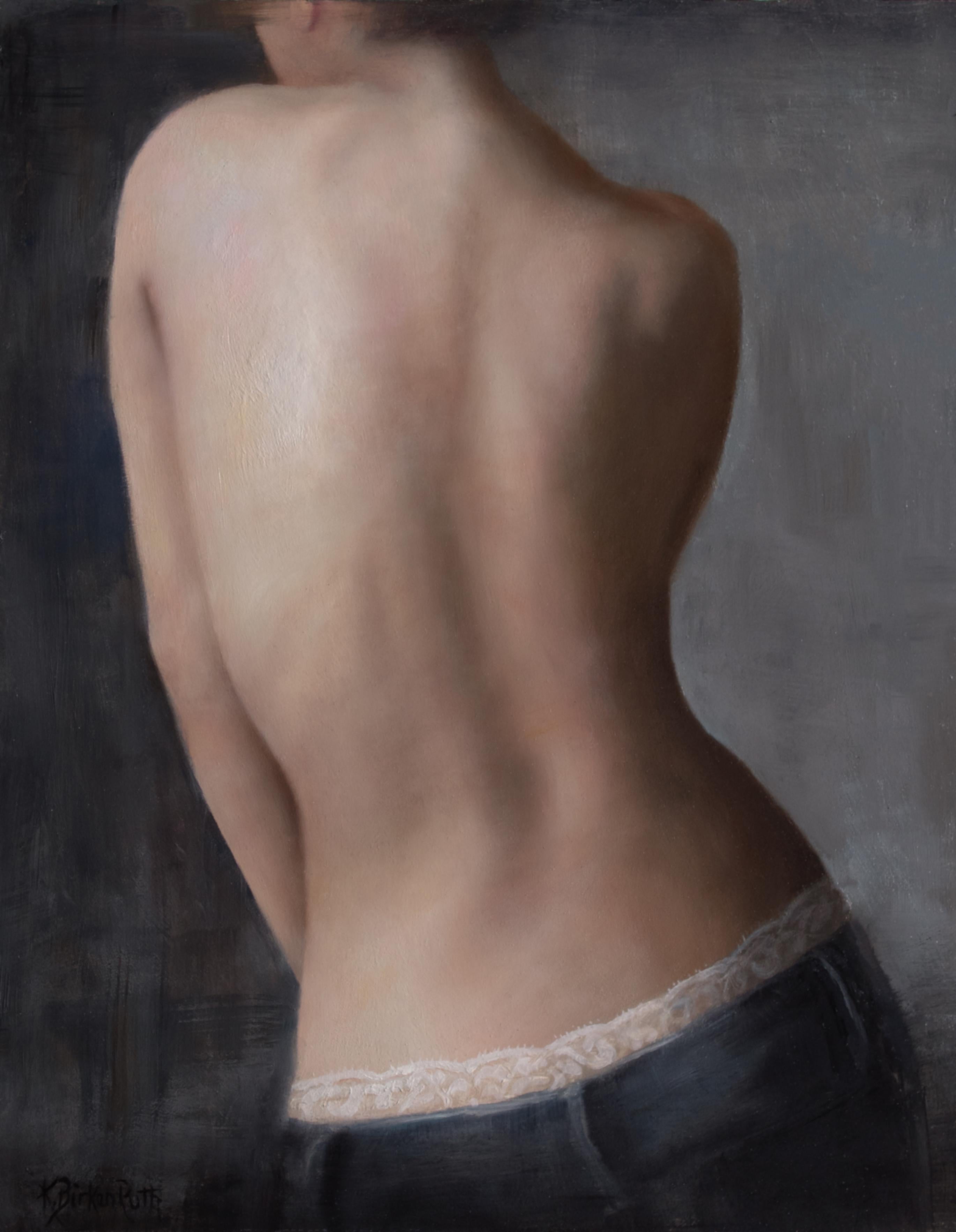 Kelly Birkenruth's "Eve" (2024) is an original oil painting on panel, measuring 14 x 11 x 2 inches. This exquisite artwork features a detailed portrayal of a female back, capturing the soft curvature and delicate play of light and shadow on the