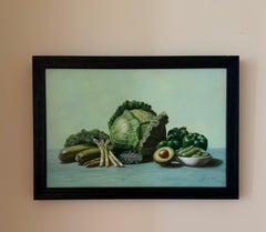 Garden Greens" - Realist Green Vegetables Still Life Painting