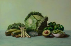 Garden Greens" - Realist Green Vegetables Still Life Painting