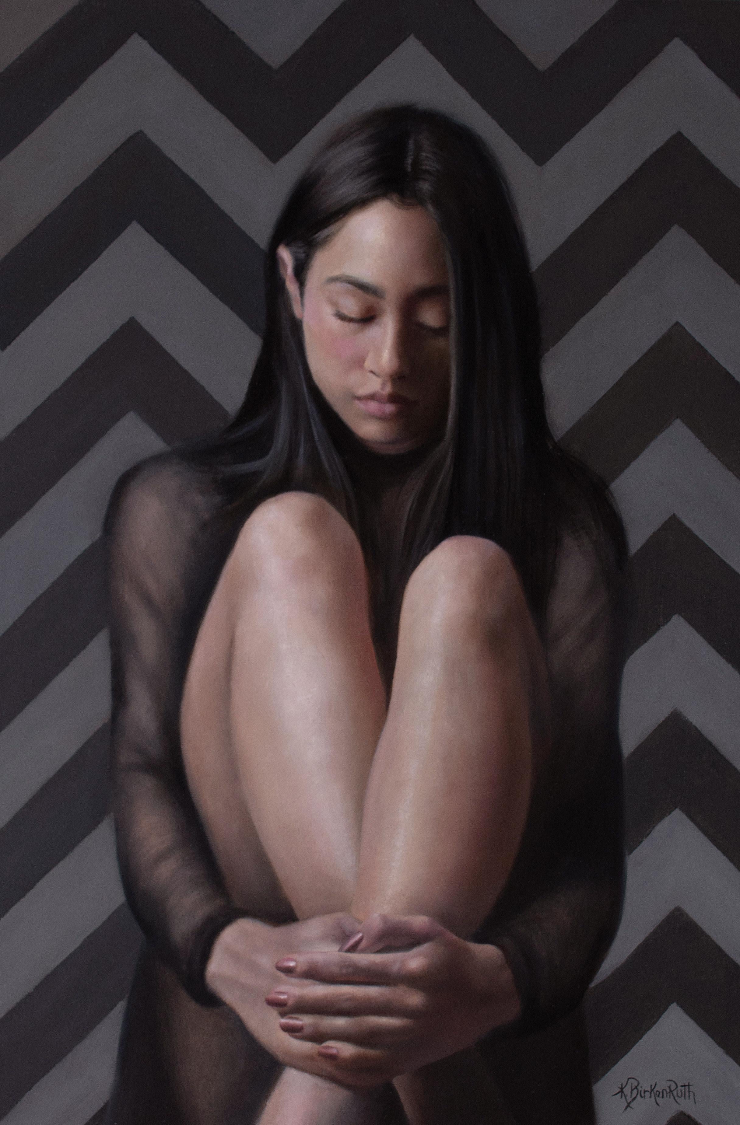 Kelly Birkenruth's "Meditation" (2023) is an original oil painting on panel, measuring 18 x 12 x 2 inches. This evocative artwork depicts a young woman in a meditative pose, seated with her knees drawn up and her hands clasped around them. The soft,