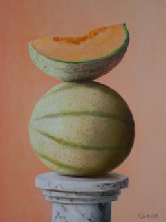 "Melon Monument" - Realist Cantaloupe Melon Still Life Painting