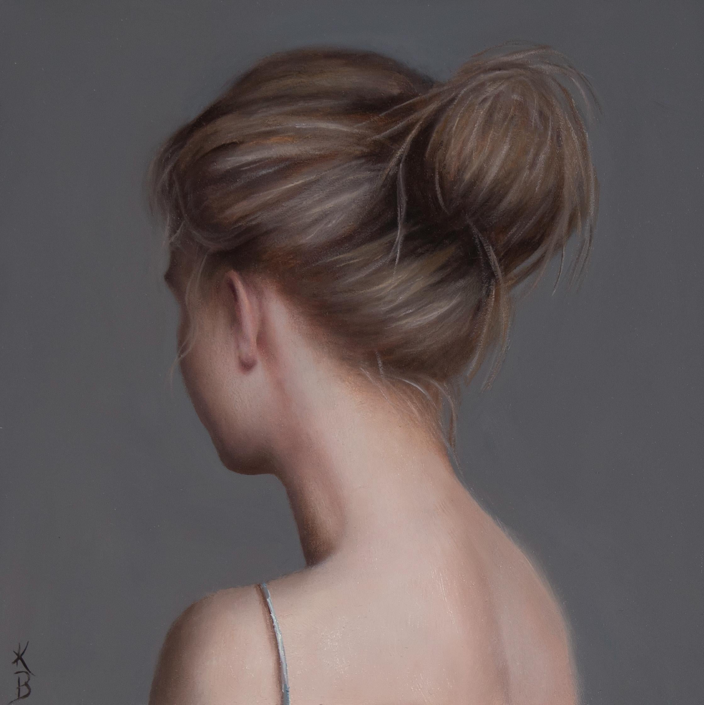 Kelly Birkenruth's "Messy Bun" (2023) is an original oil painting on panel, measuring 6 x 6 x 2 inches. This charming artwork features the back profile of a young woman with her hair styled in a casual, messy bun. The soft, muted background
